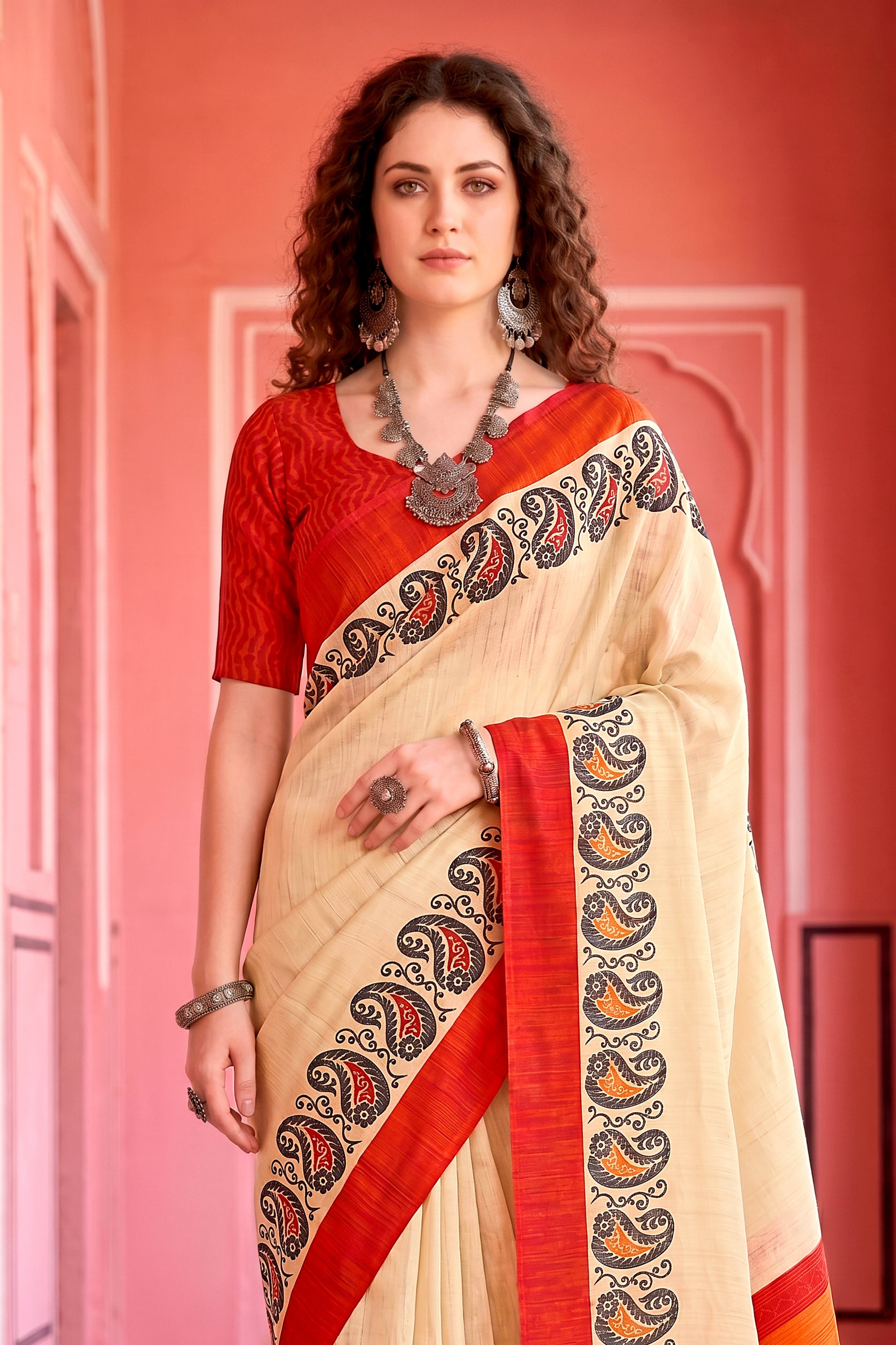 Sangam Prints Cream Cotton Blend Woven Work Traditional Saree - Dista
