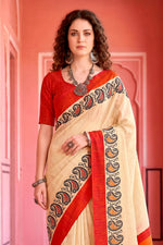 Thumbnail for Sangam Prints Cream Cotton Blend Woven Work Traditional Saree - Dista