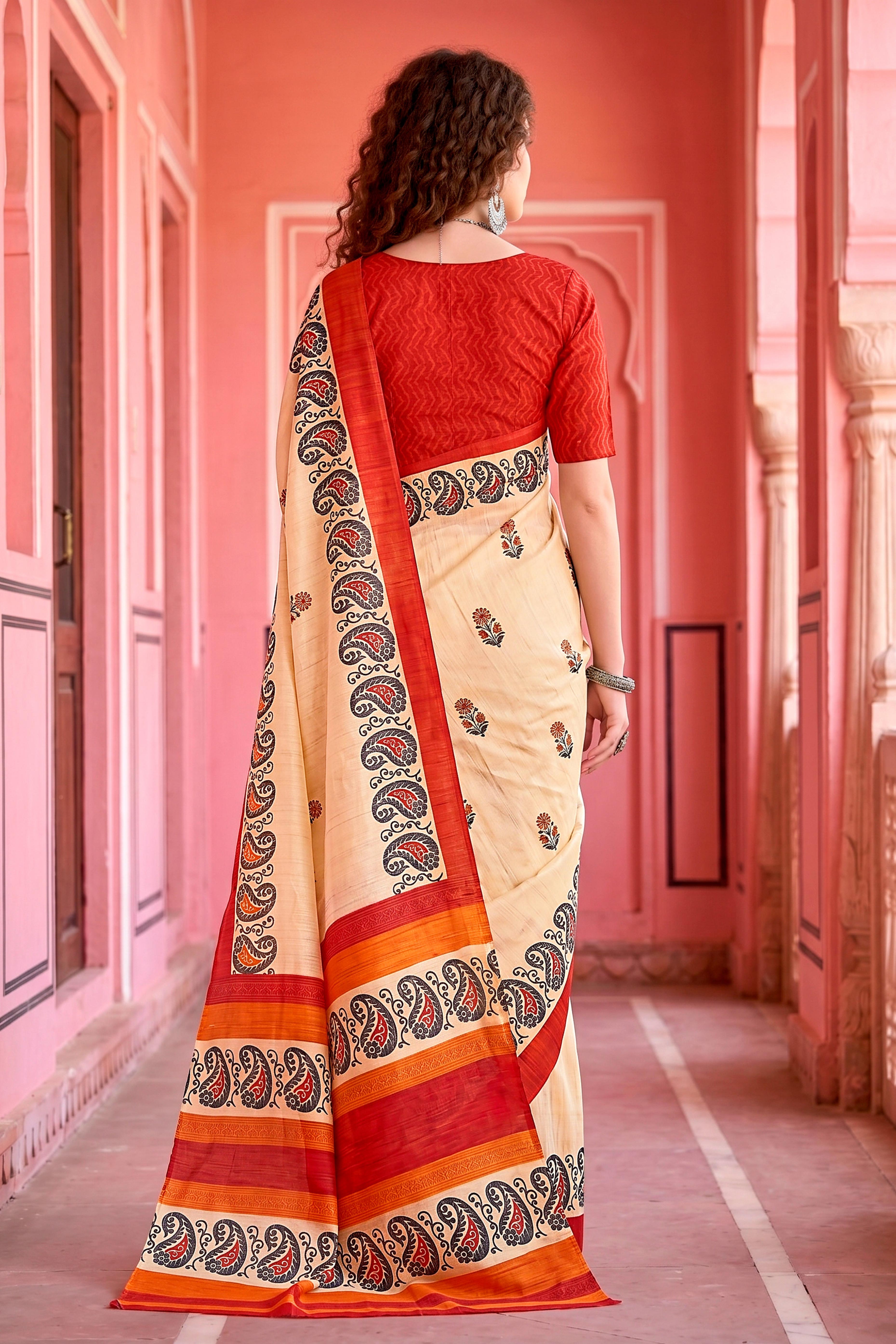 Sangam Prints Cream Cotton Blend Woven Work Traditional Saree - Dista