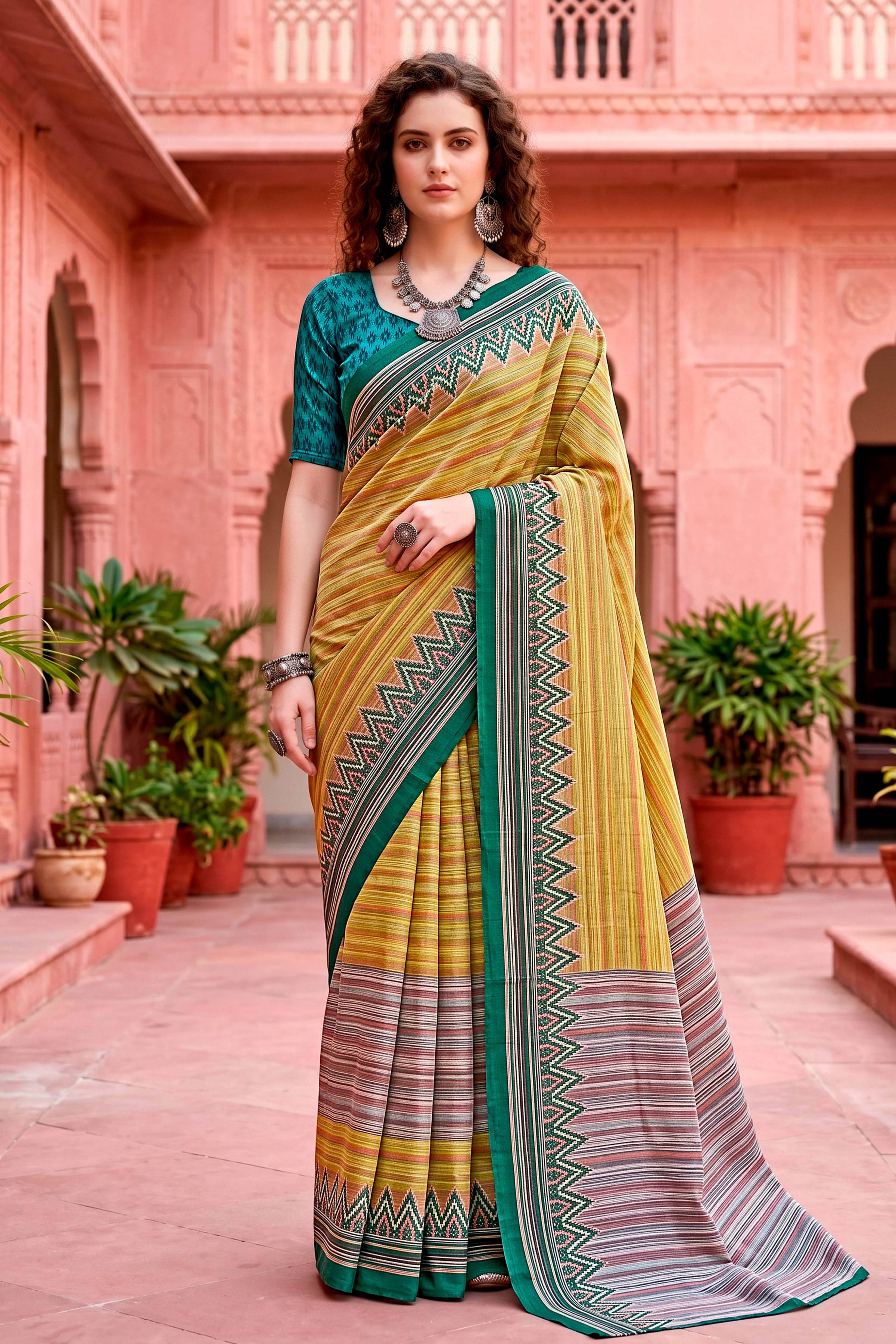 Sangam Prints Mustard Yellow Cotton Blend Woven Work Traditional Saree - Dista