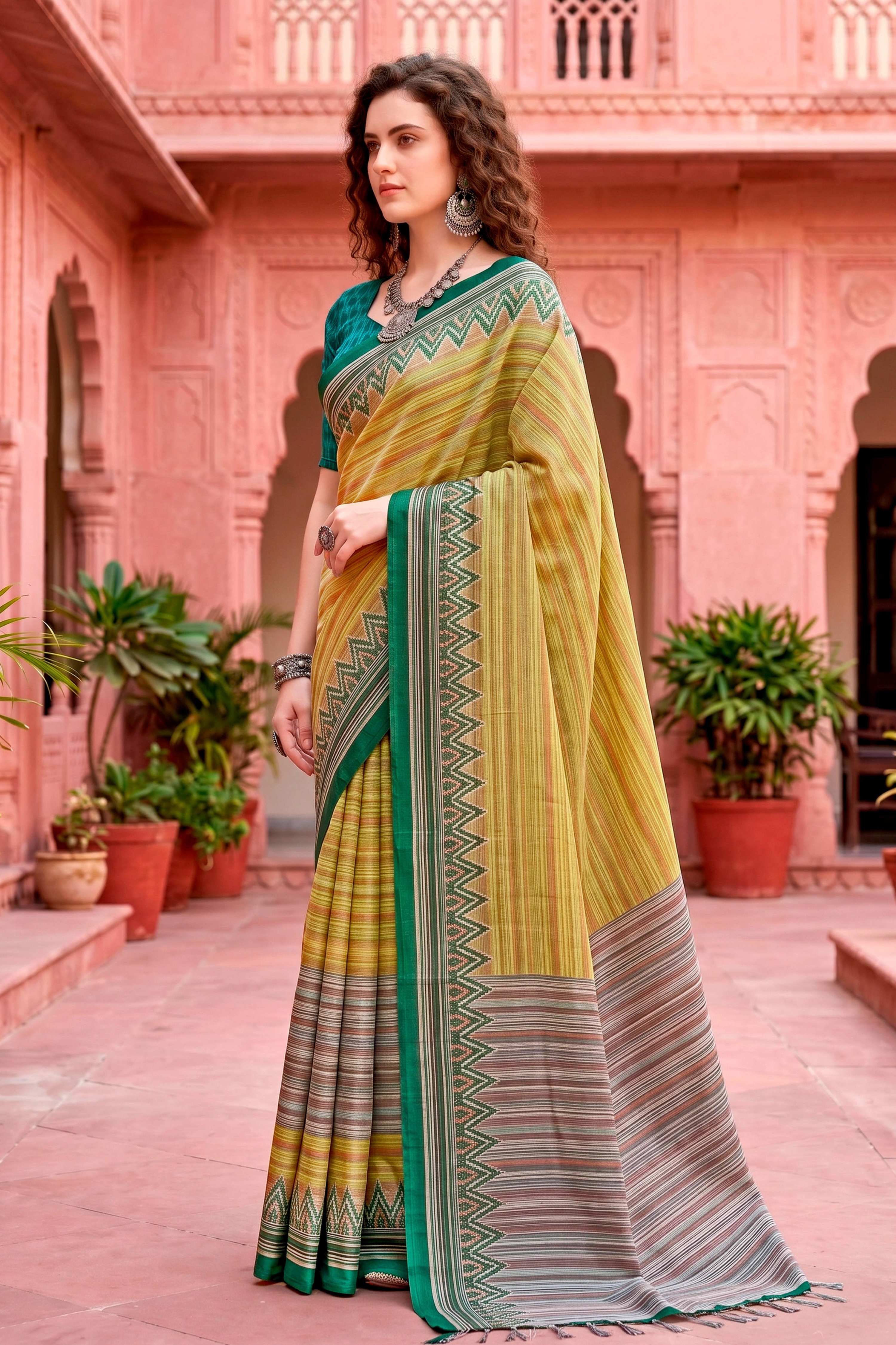 Sangam Prints Mustard Yellow Cotton Blend Woven Work Traditional Saree - Dista