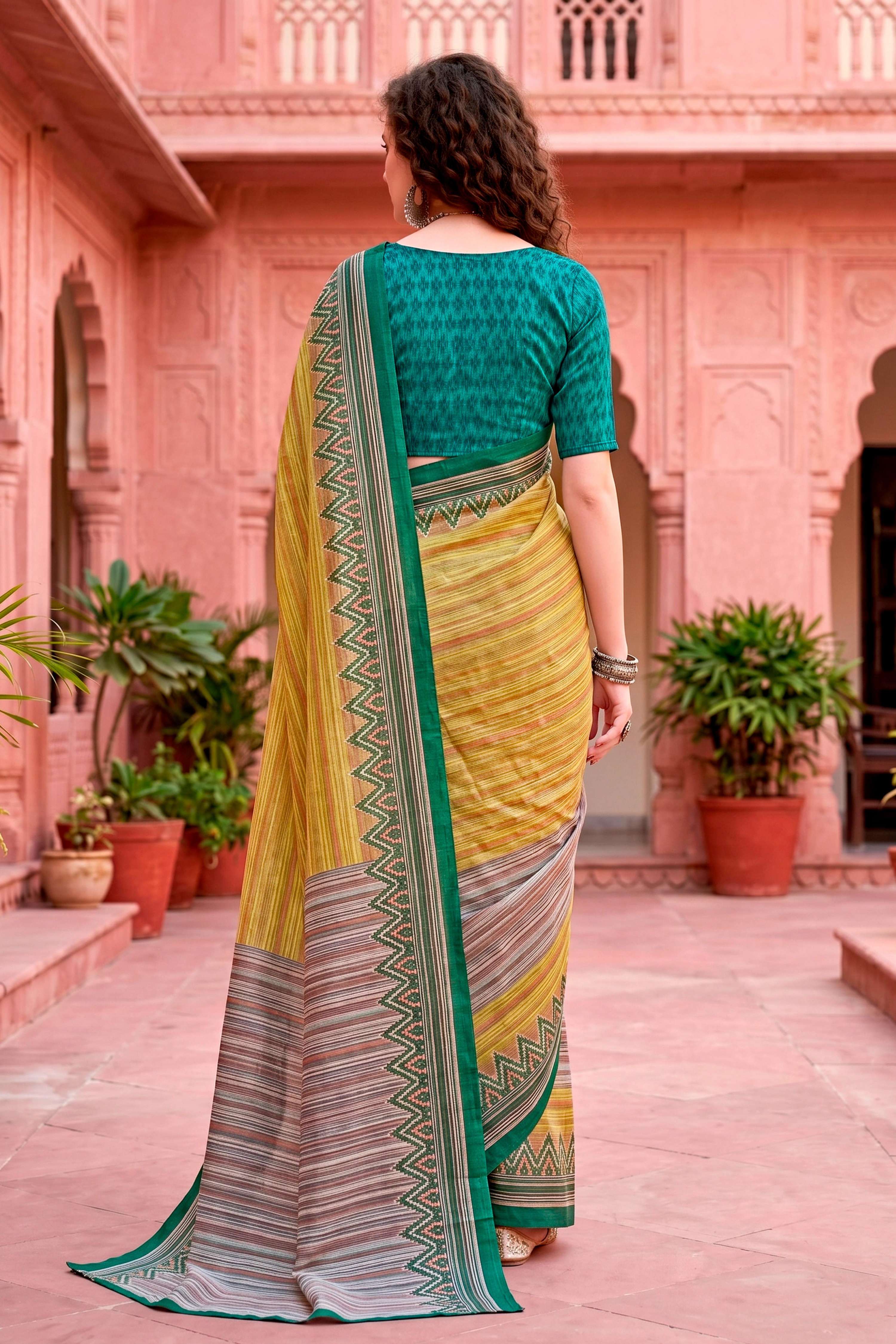 Sangam Prints Mustard Yellow Cotton Blend Woven Work Traditional Saree - Dista