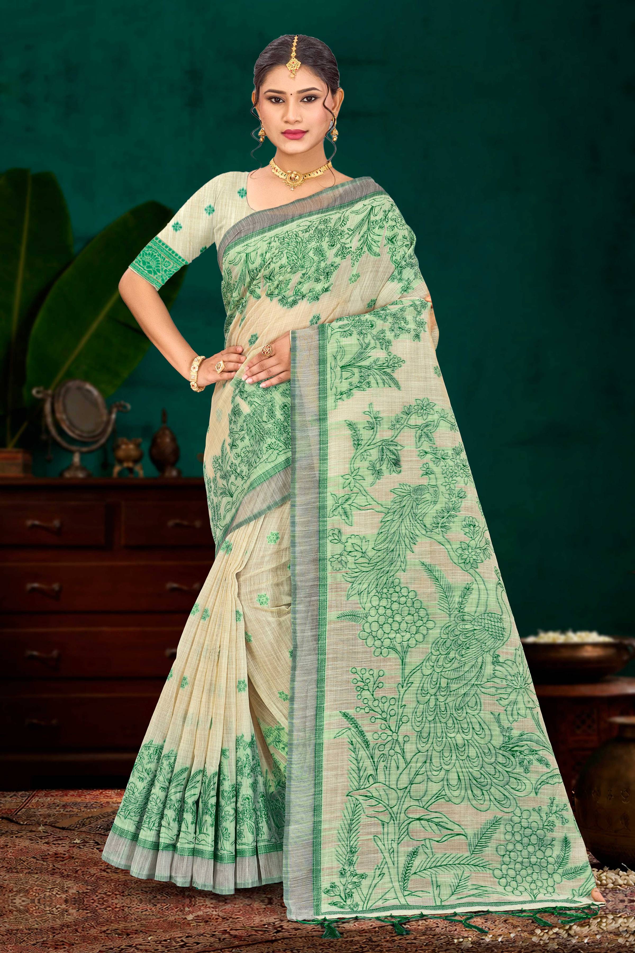 Sangam Prints Green Cotton Blend Woven Work Traditional Saree - Dista