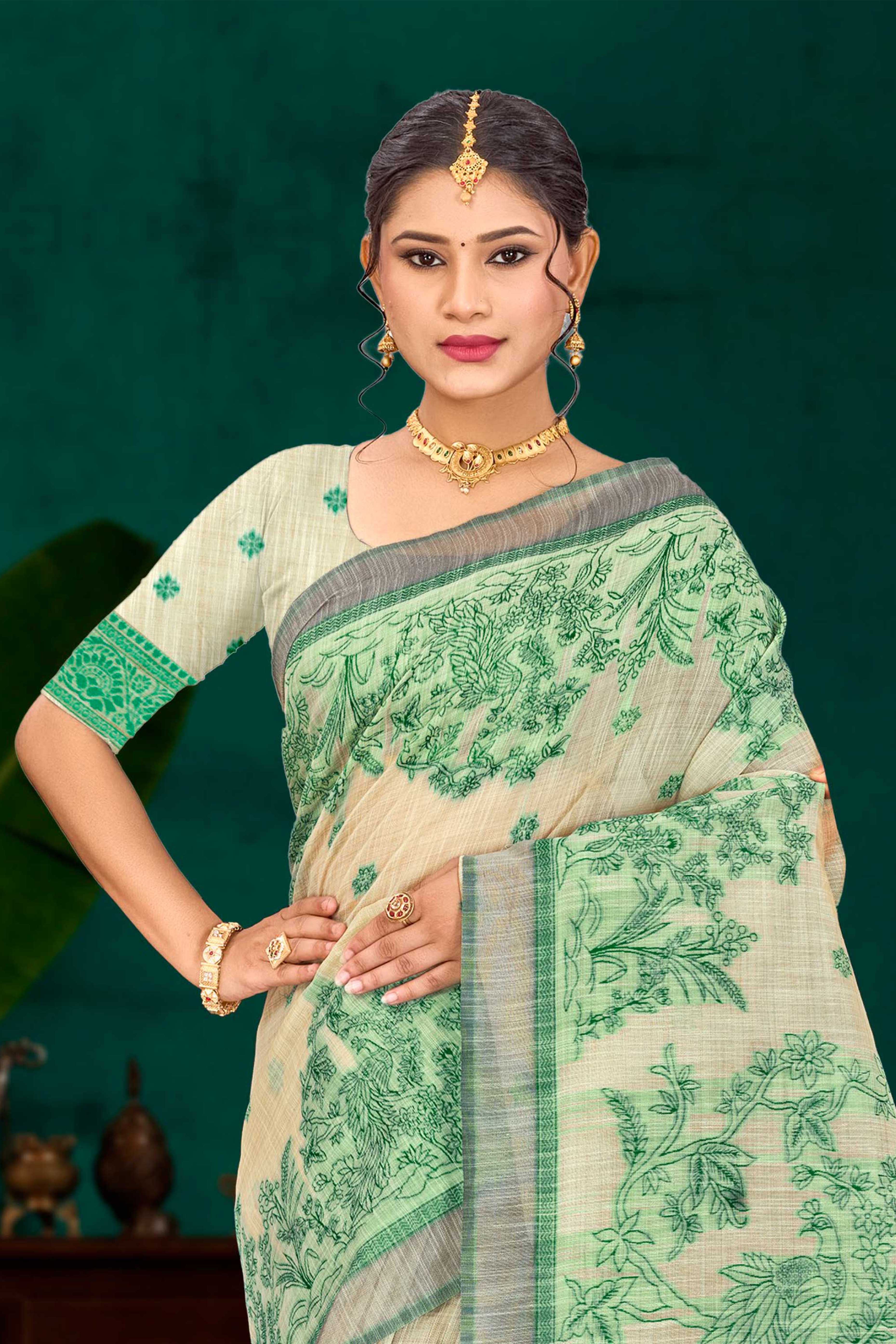 Sangam Prints Green Cotton Blend Woven Work Traditional Saree - Dista