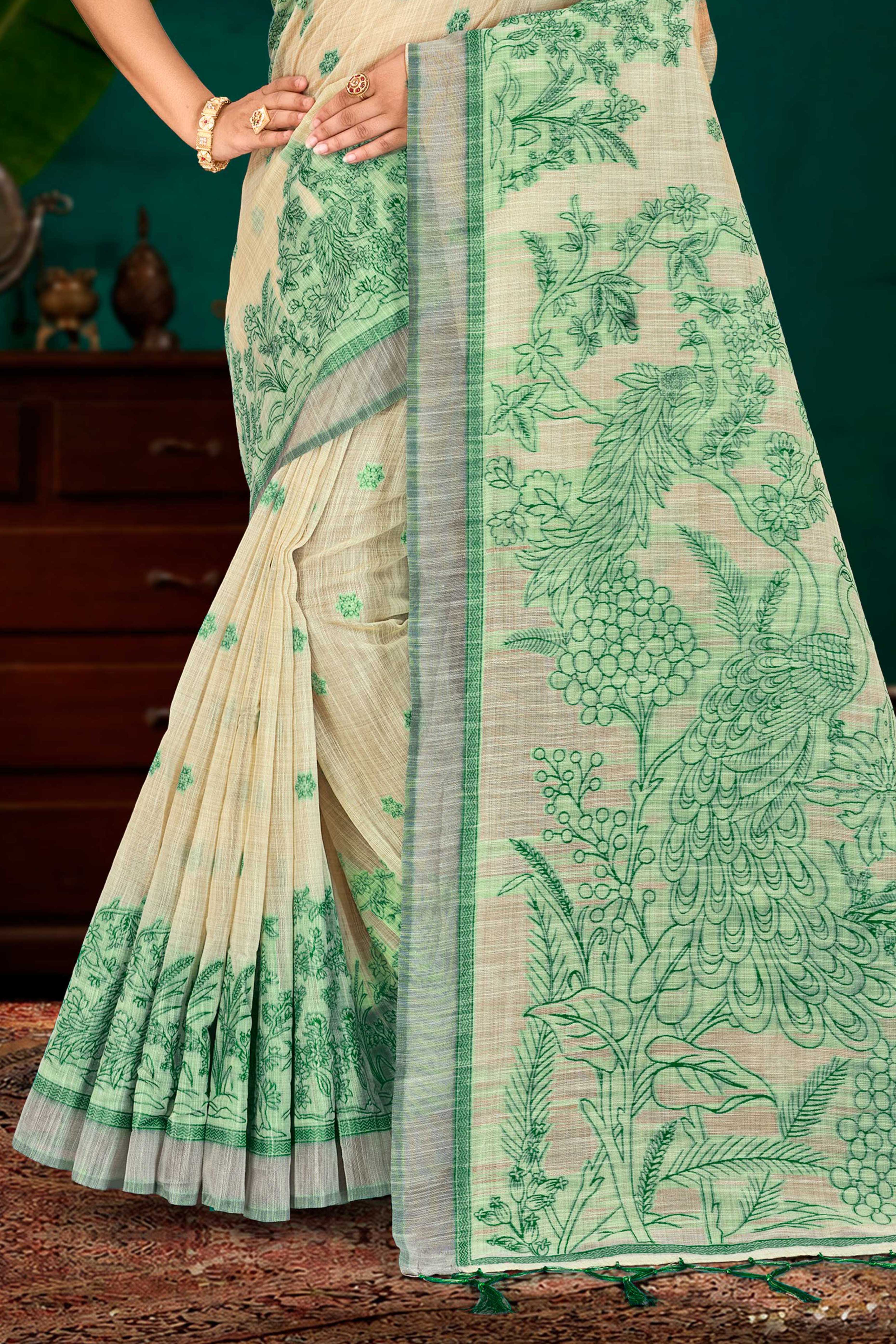 Sangam Prints Green Cotton Blend Woven Work Traditional Saree - Dista
