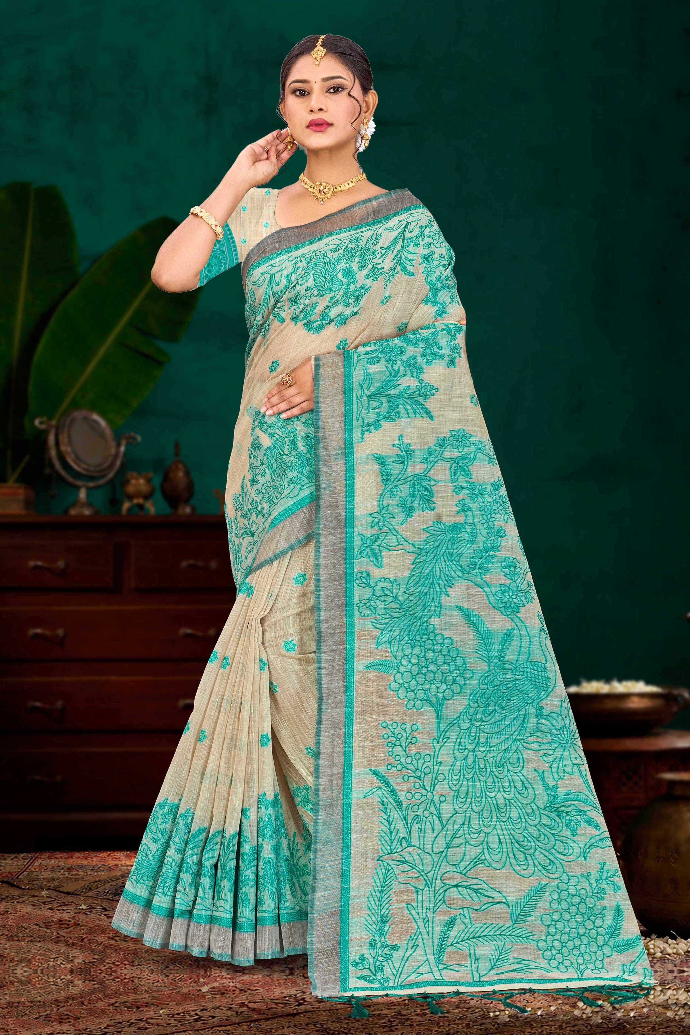 Sangam Prints Aqua Green Cotton Blend Woven Work Traditional Saree - Dista