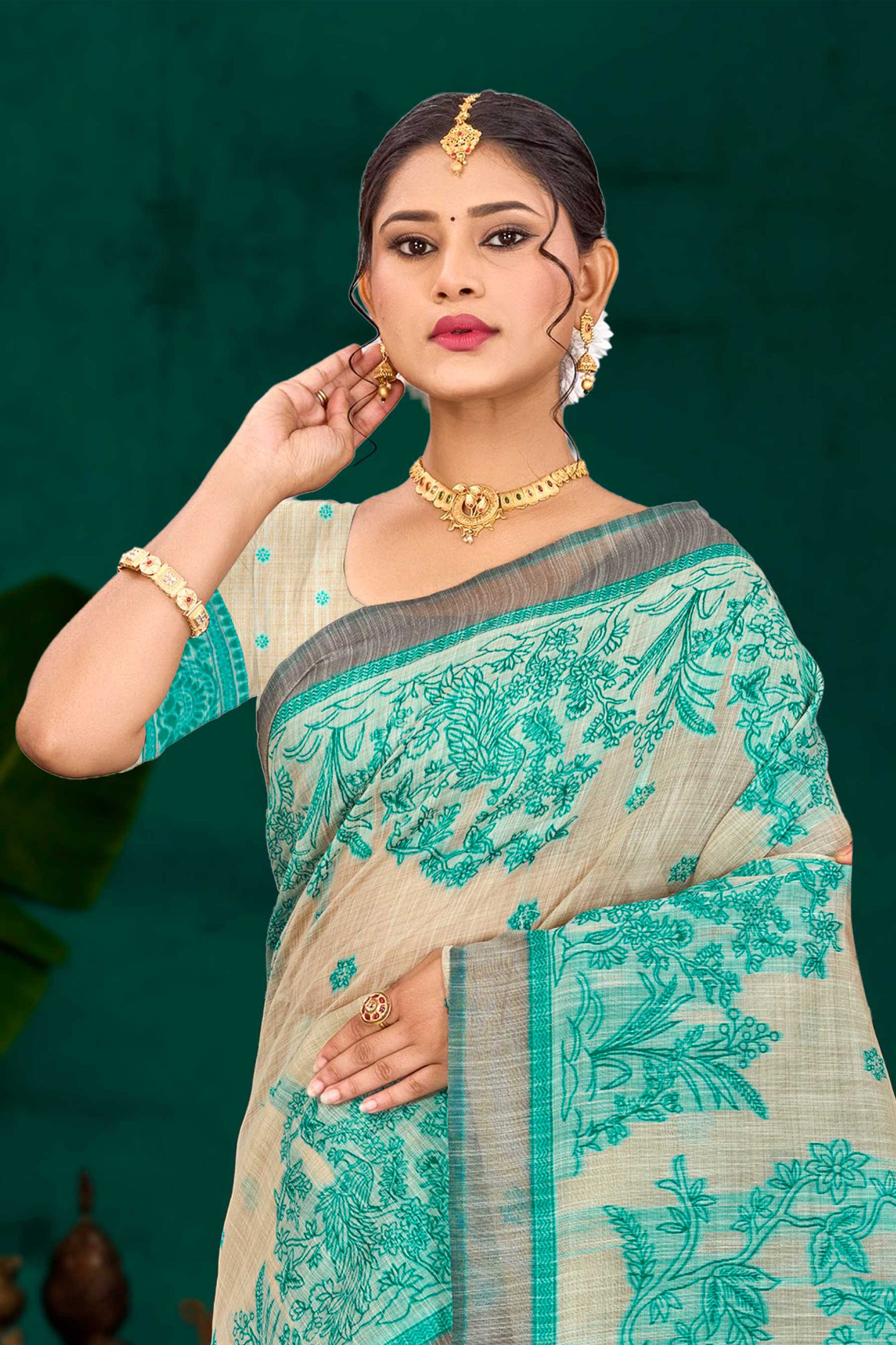 Sangam Prints Aqua Green Cotton Blend Woven Work Traditional Saree - Dista