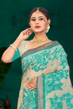 Thumbnail for Sangam Prints Aqua Green Cotton Blend Woven Work Traditional Saree - Dista