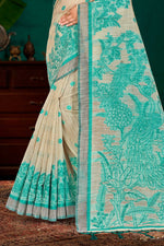 Thumbnail for Sangam Prints Aqua Green Cotton Blend Woven Work Traditional Saree - Dista