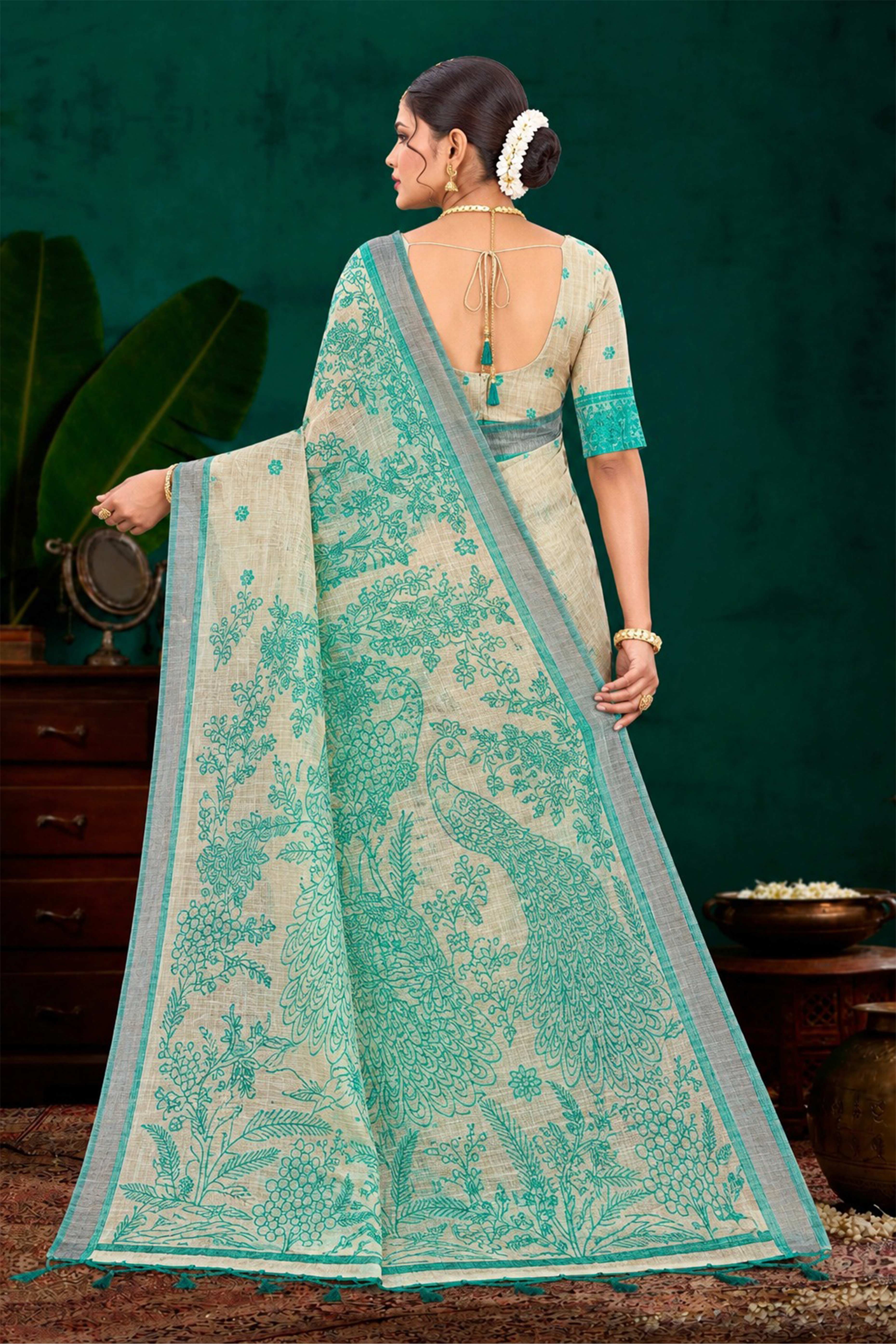 Sangam Prints Aqua Green Cotton Blend Woven Work Traditional Saree - Dista