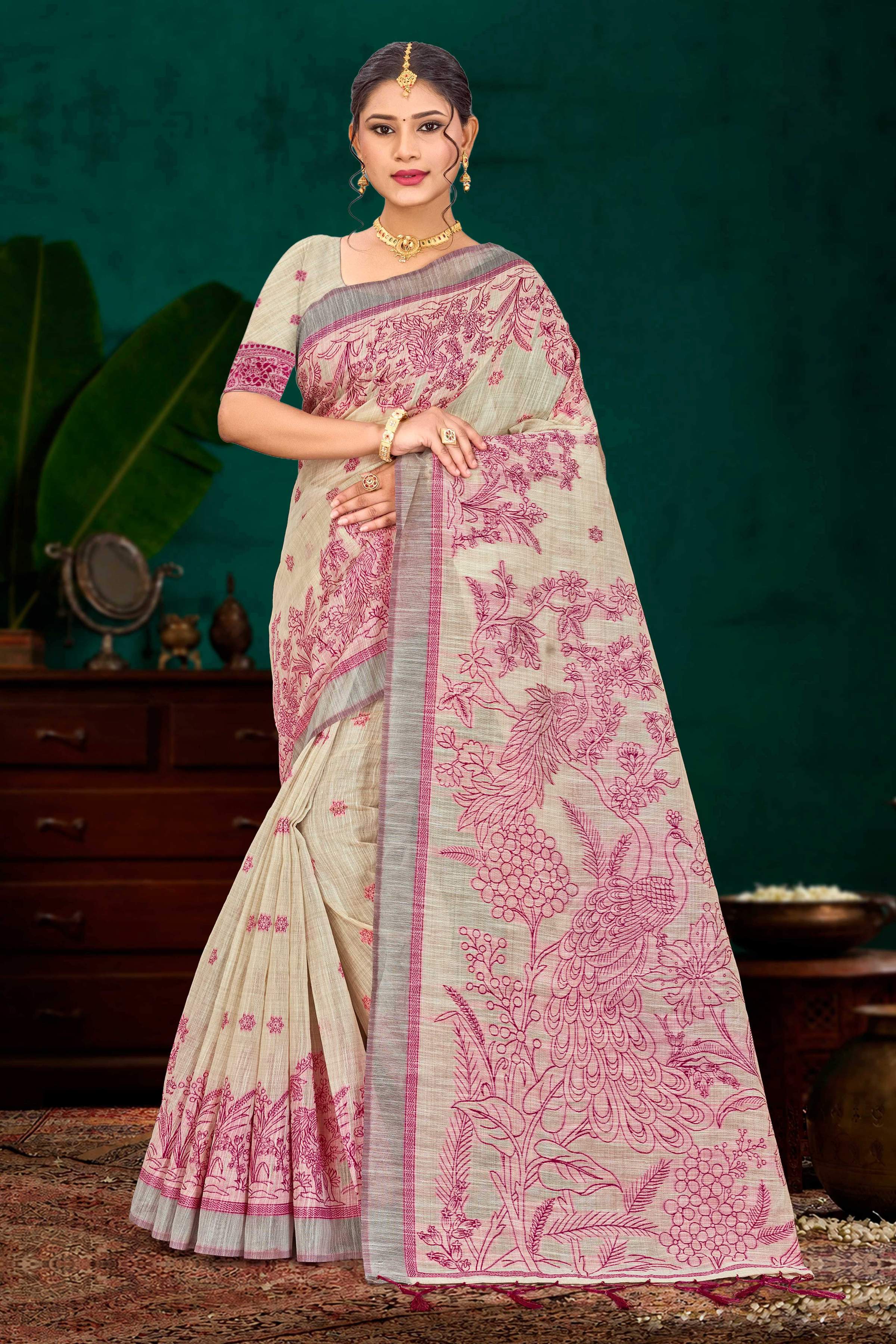 Sangam Prints Pink Cotton Blend Woven Work Traditional Saree - Dista
