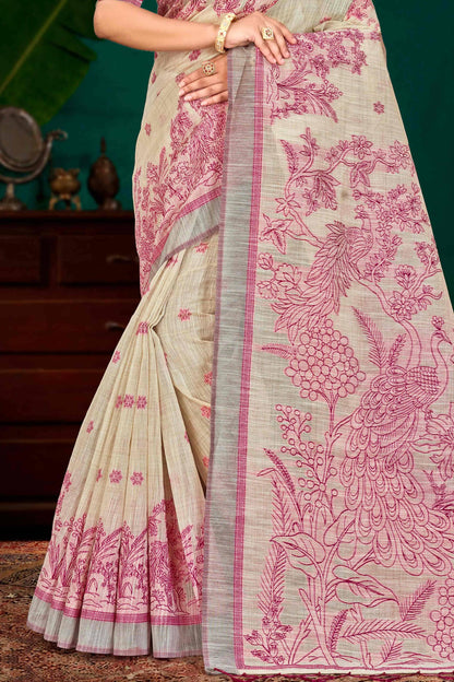 Sangam Prints Pink Cotton Blend Woven Work Traditional Saree - Dista