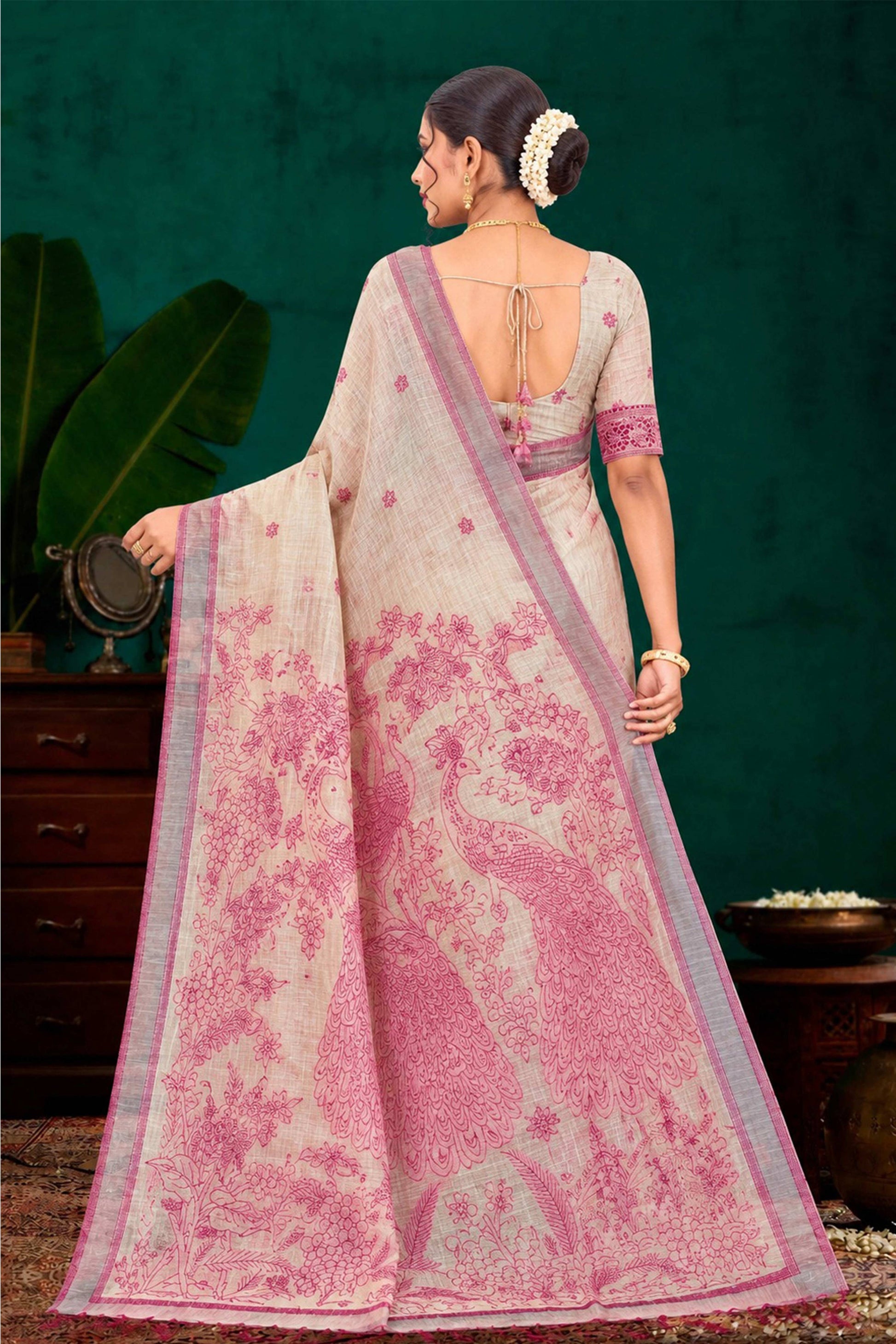 Sangam Prints Pink Cotton Blend Woven Work Traditional Saree - Dista