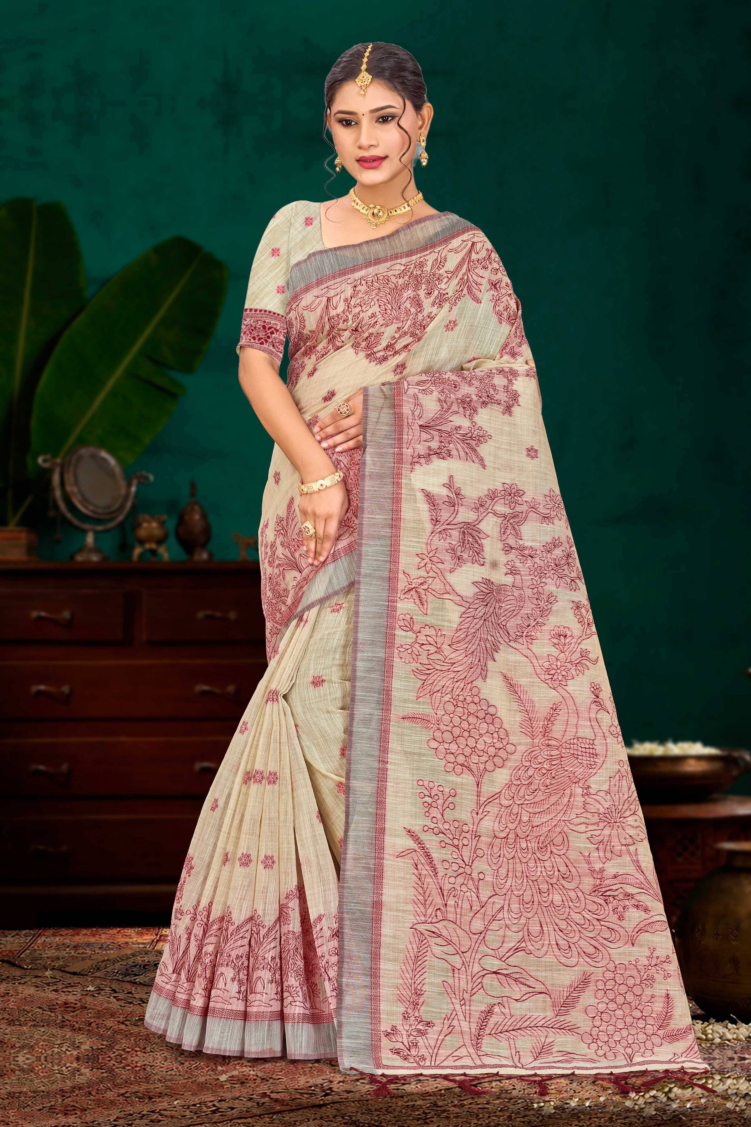 Sangam Prints Maroon Cotton Blend Woven Work Traditional Saree - Dista