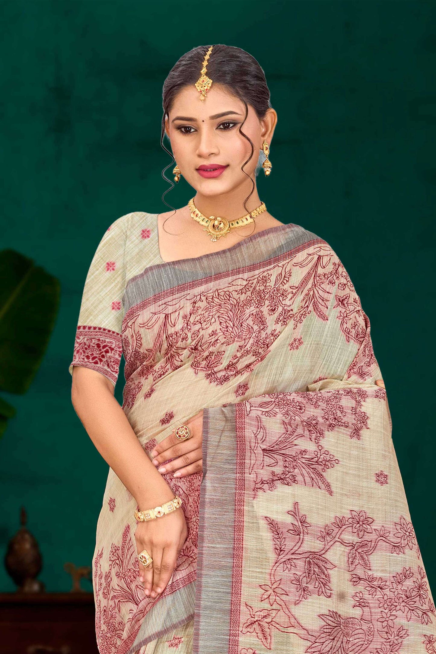 Sangam Prints Maroon Cotton Blend Woven Work Traditional Saree - Dista