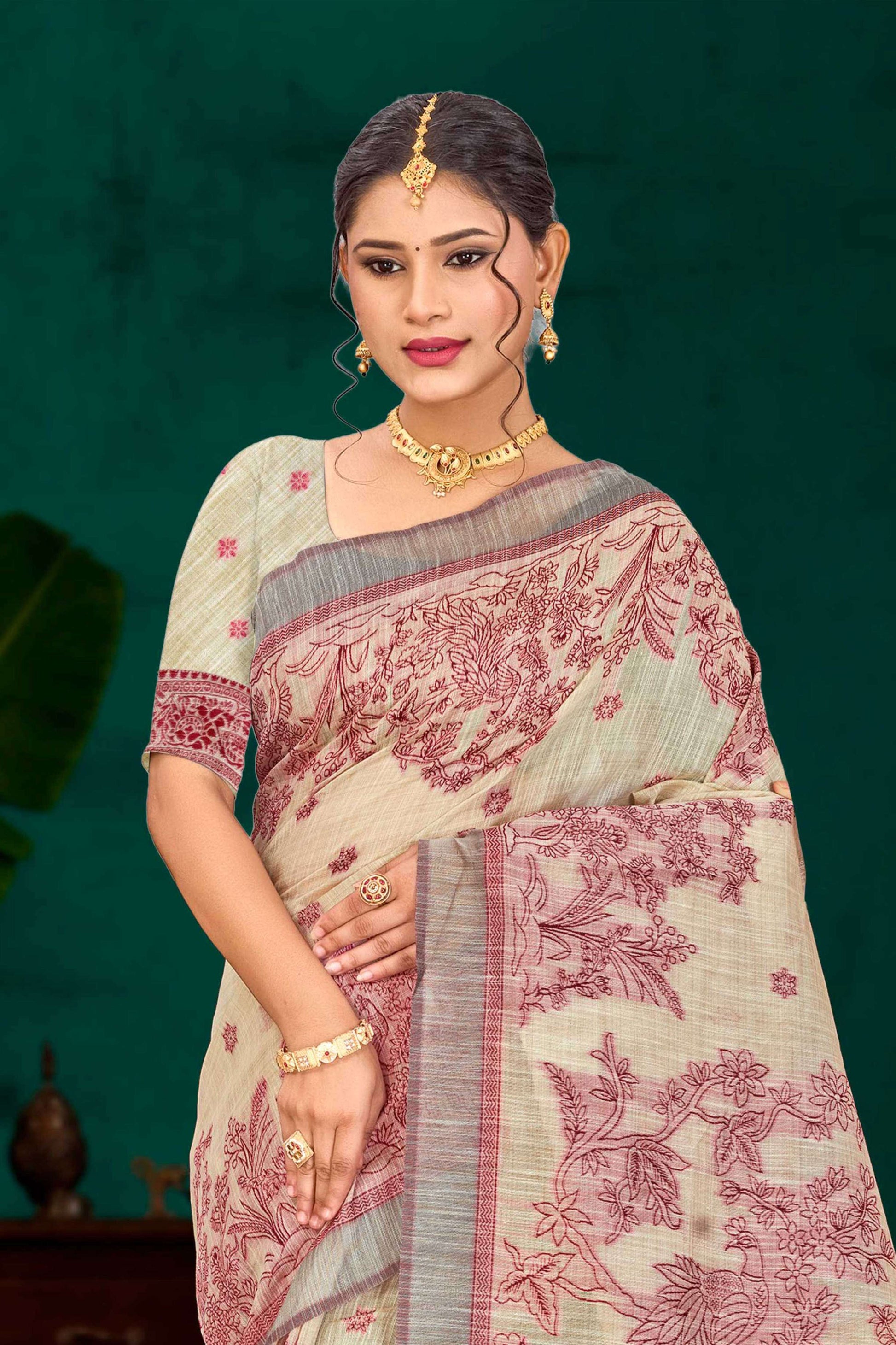 Sangam Prints Maroon Cotton Blend Woven Work Traditional Saree - Dista