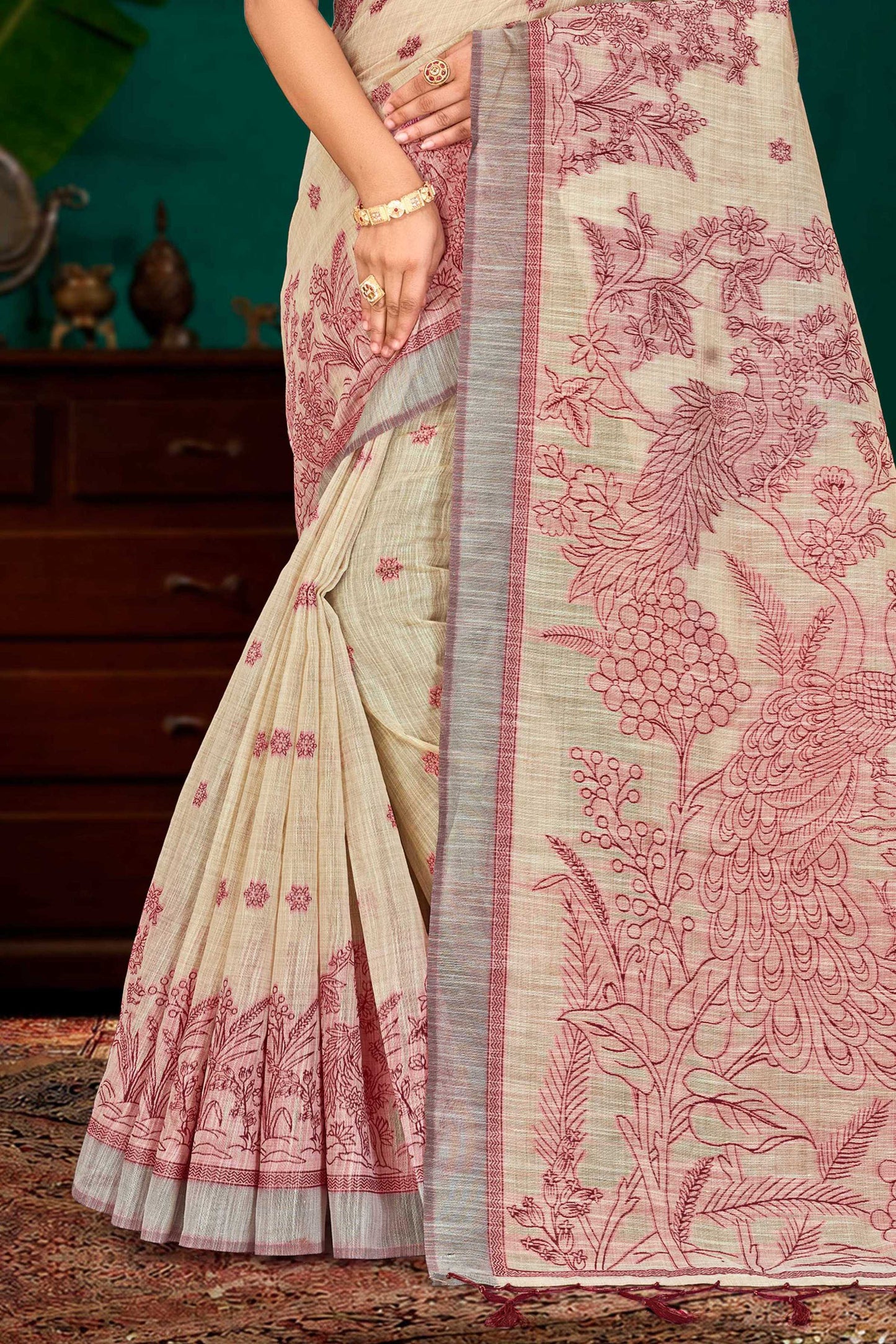 Sangam Prints Maroon Cotton Blend Woven Work Traditional Saree - Dista