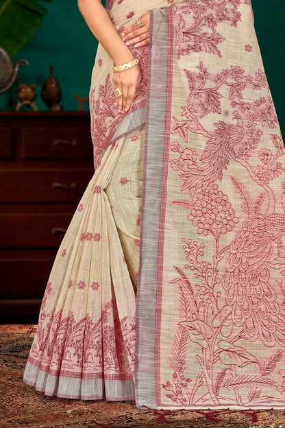 Sangam Prints Maroon Cotton Blend Woven Work Traditional Saree - Dista