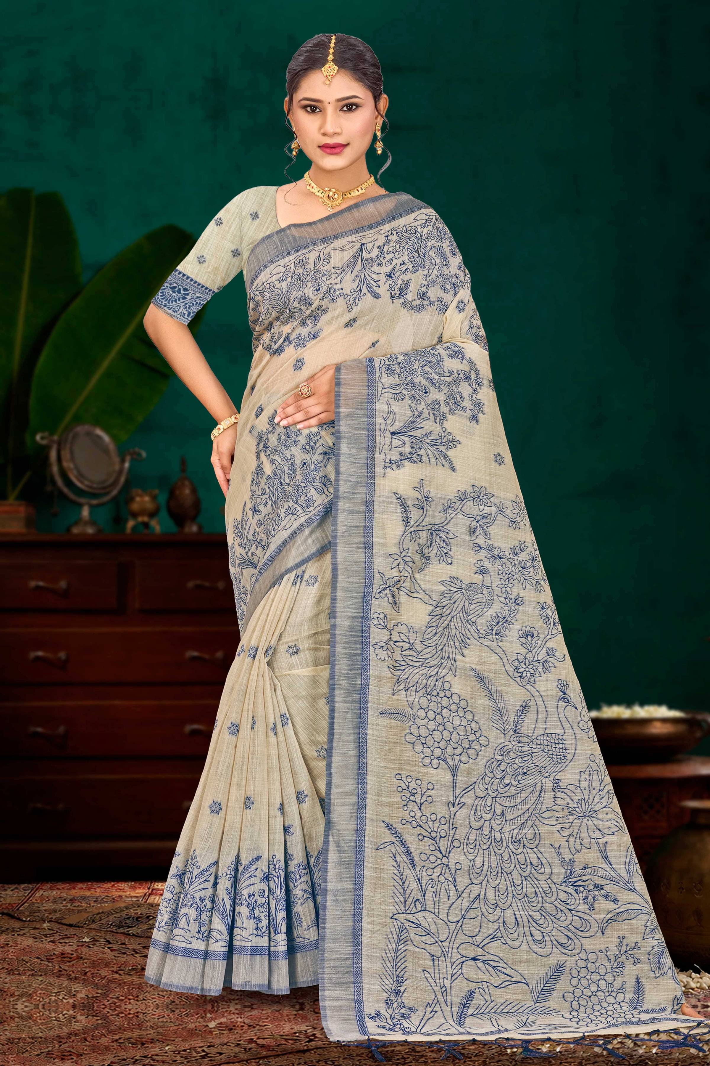 Sangam Prints Navy Blue Cotton Blend Woven Work Traditional Saree - Dista