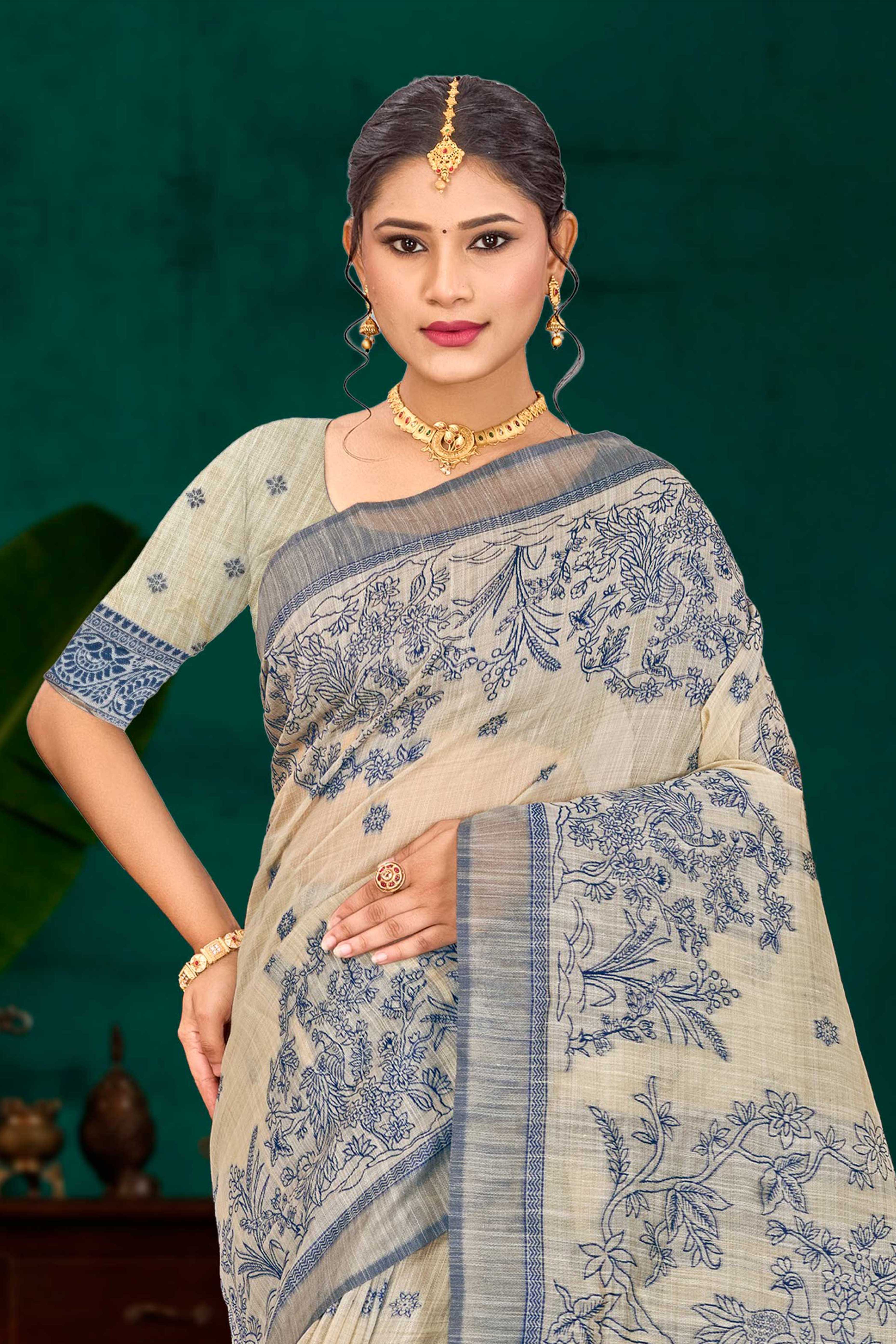 Sangam Prints Navy Blue Cotton Blend Woven Work Traditional Saree - Dista