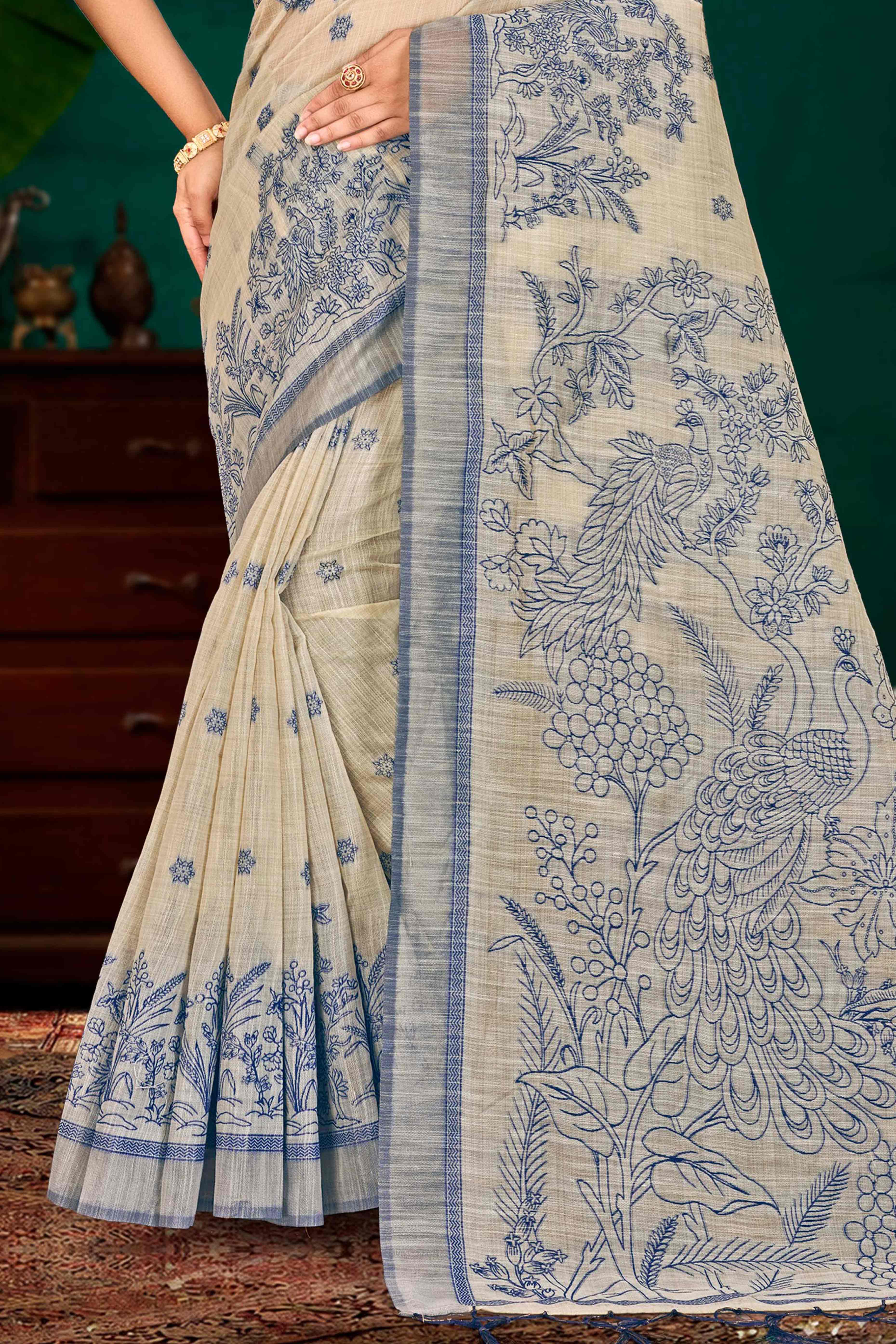 Sangam Prints Navy Blue Cotton Blend Woven Work Traditional Saree - Dista