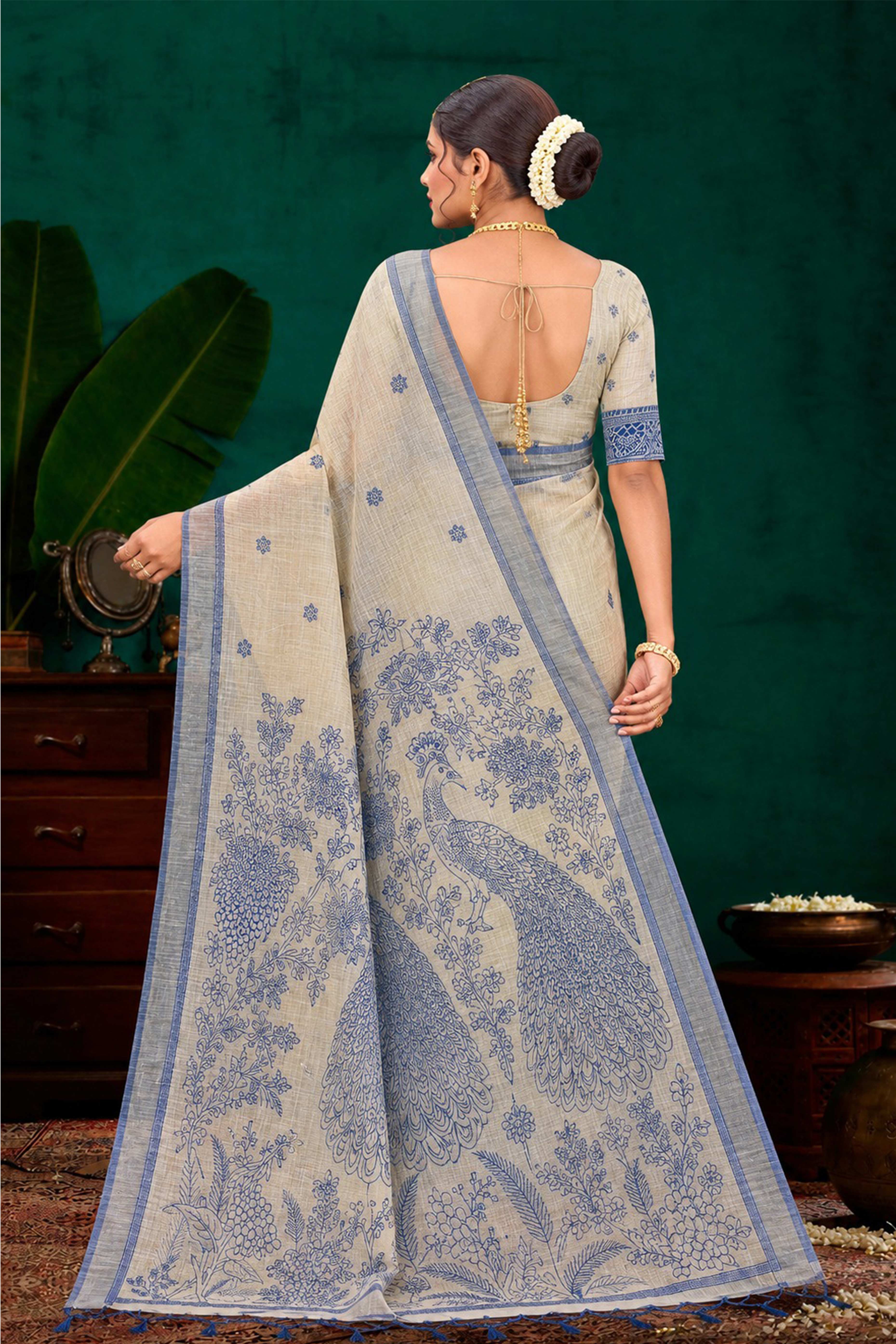 Sangam Prints Navy Blue Cotton Blend Woven Work Traditional Saree - Dista