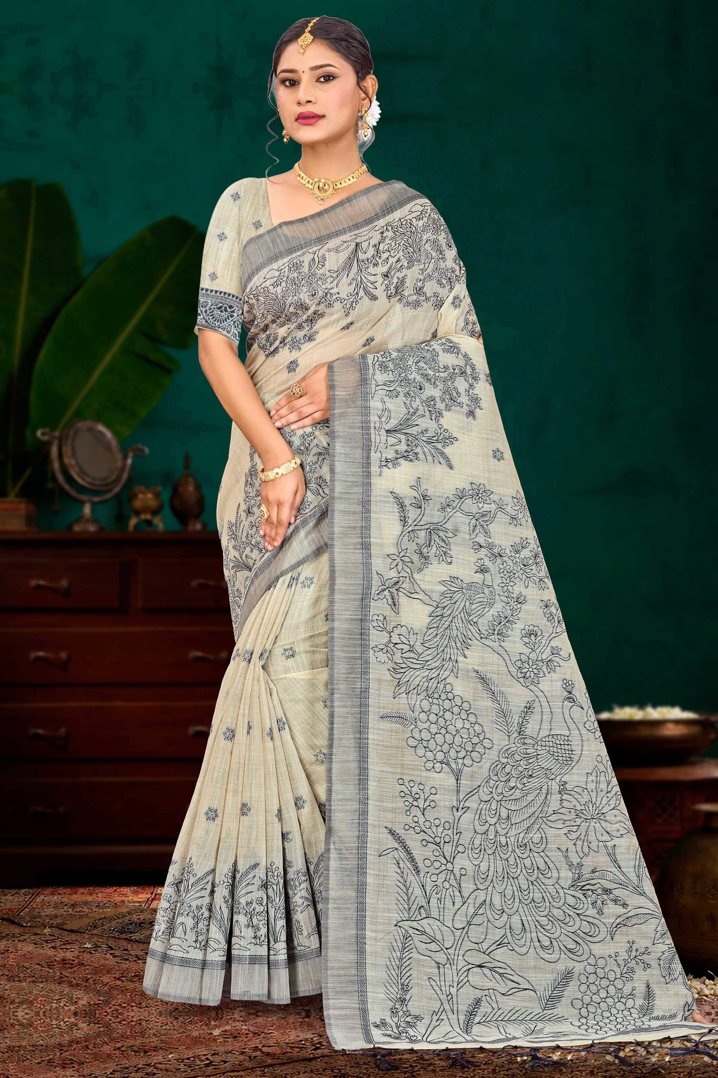 Sangam Prints Grey Cotton Blend Woven Work Traditional Saree - Dista