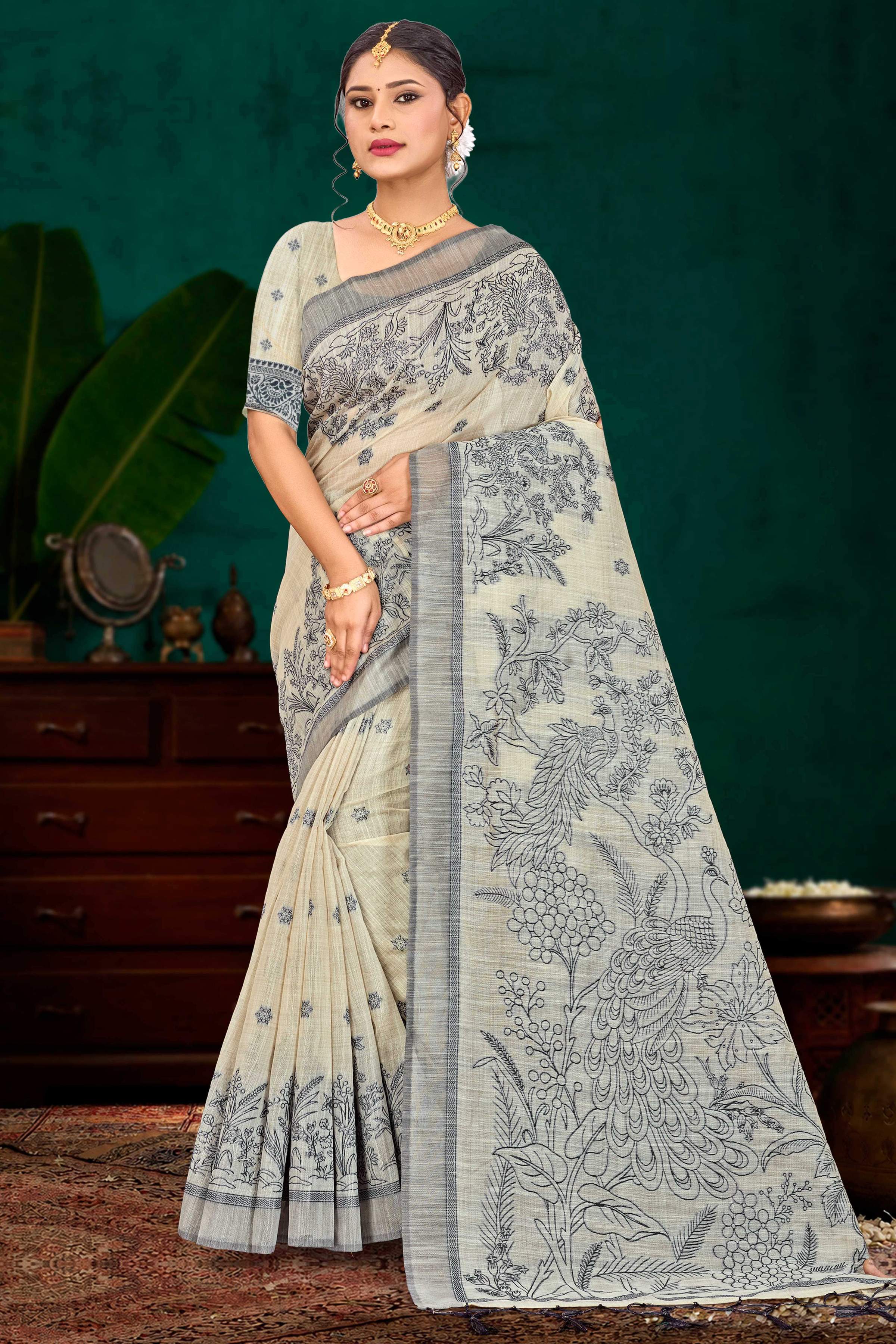 Sangam Prints Grey Cotton Blend Woven Work Traditional Saree - Dista