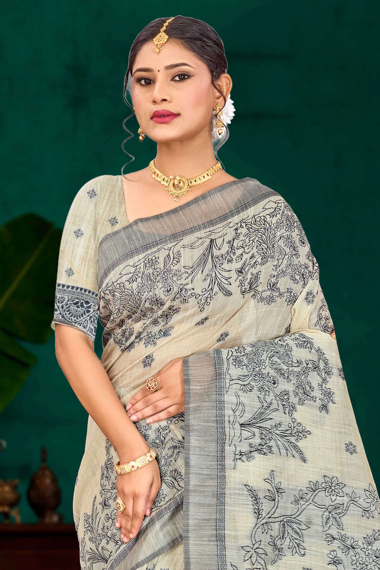 Sangam Prints Grey Cotton Blend Woven Work Traditional Saree - Dista