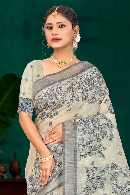 Sangam Prints Grey Cotton Blend Woven Work Traditional Saree - Dista