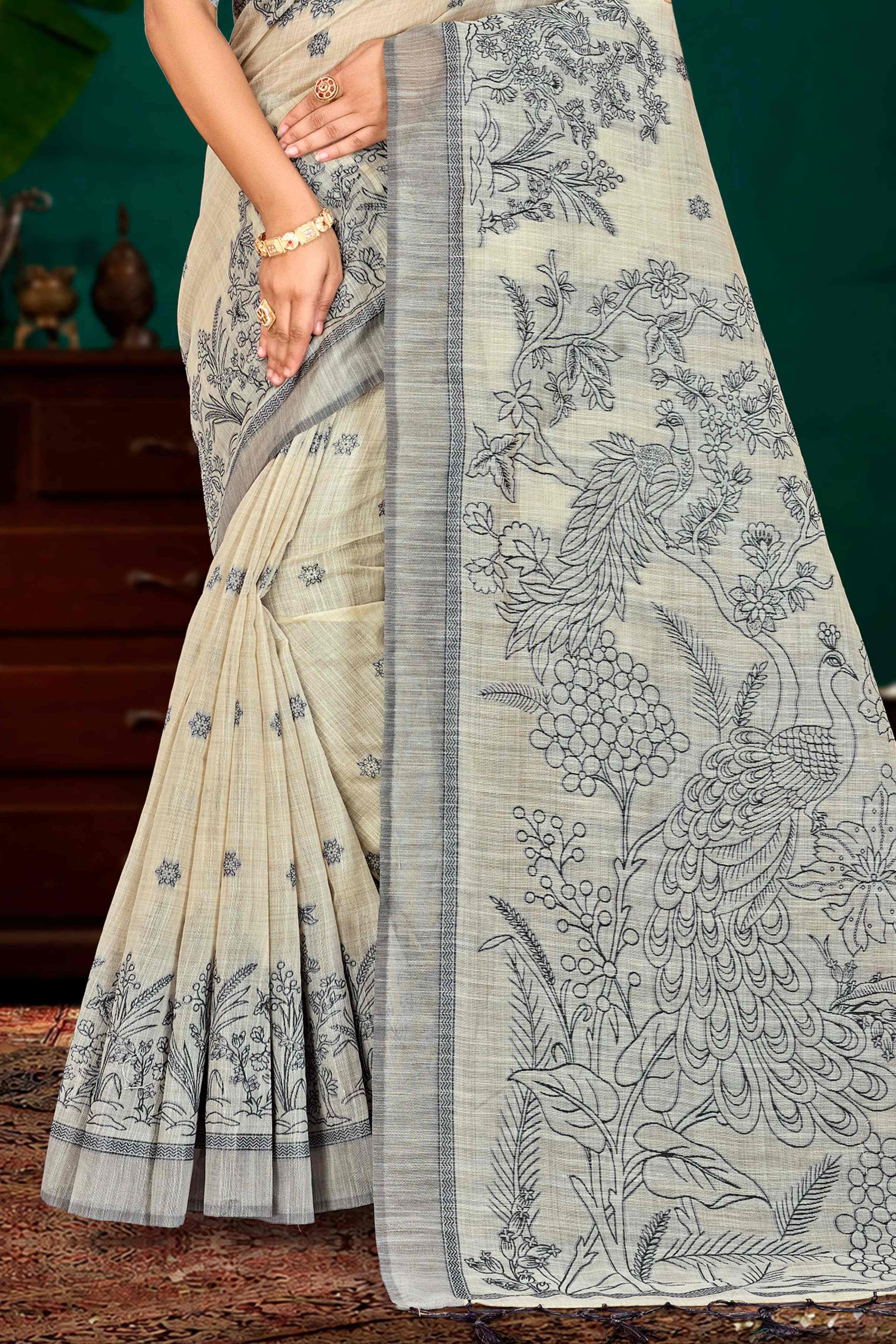 Sangam Prints Grey Cotton Blend Woven Work Traditional Saree - Dista