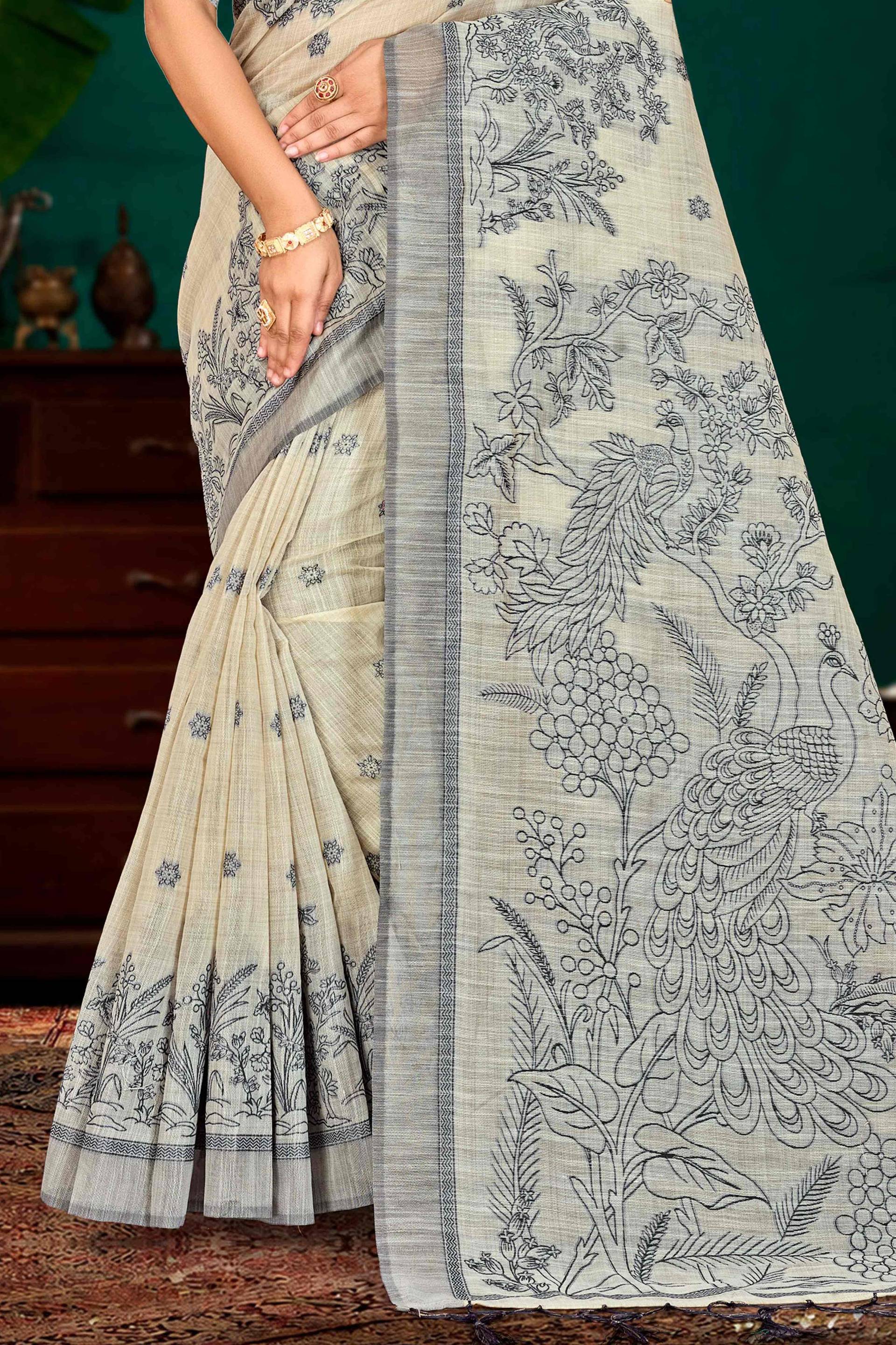 Sangam Prints Grey Cotton Blend Woven Work Traditional Saree - Dista