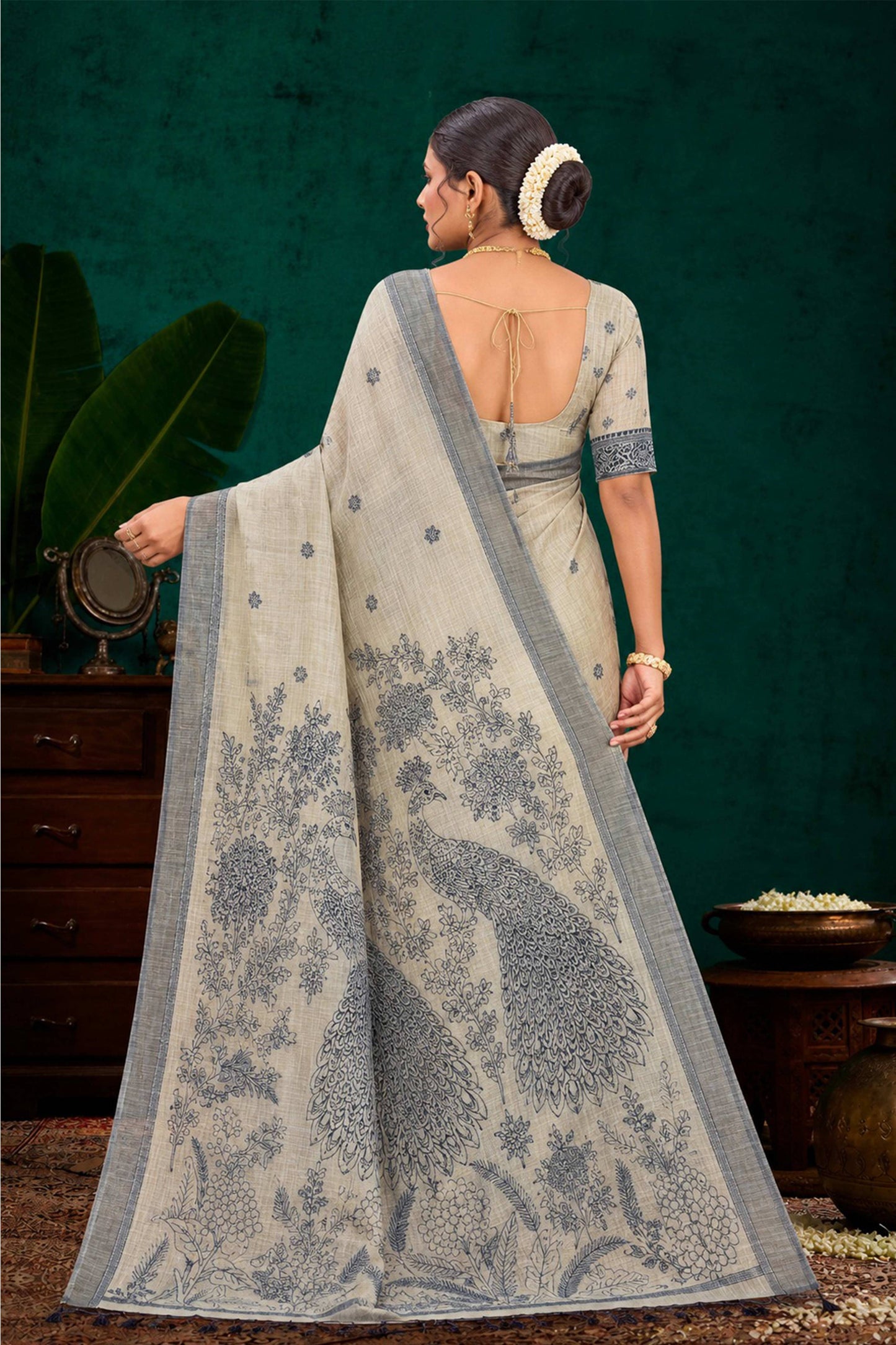 Sangam Prints Grey Cotton Blend Woven Work Traditional Saree - Dista