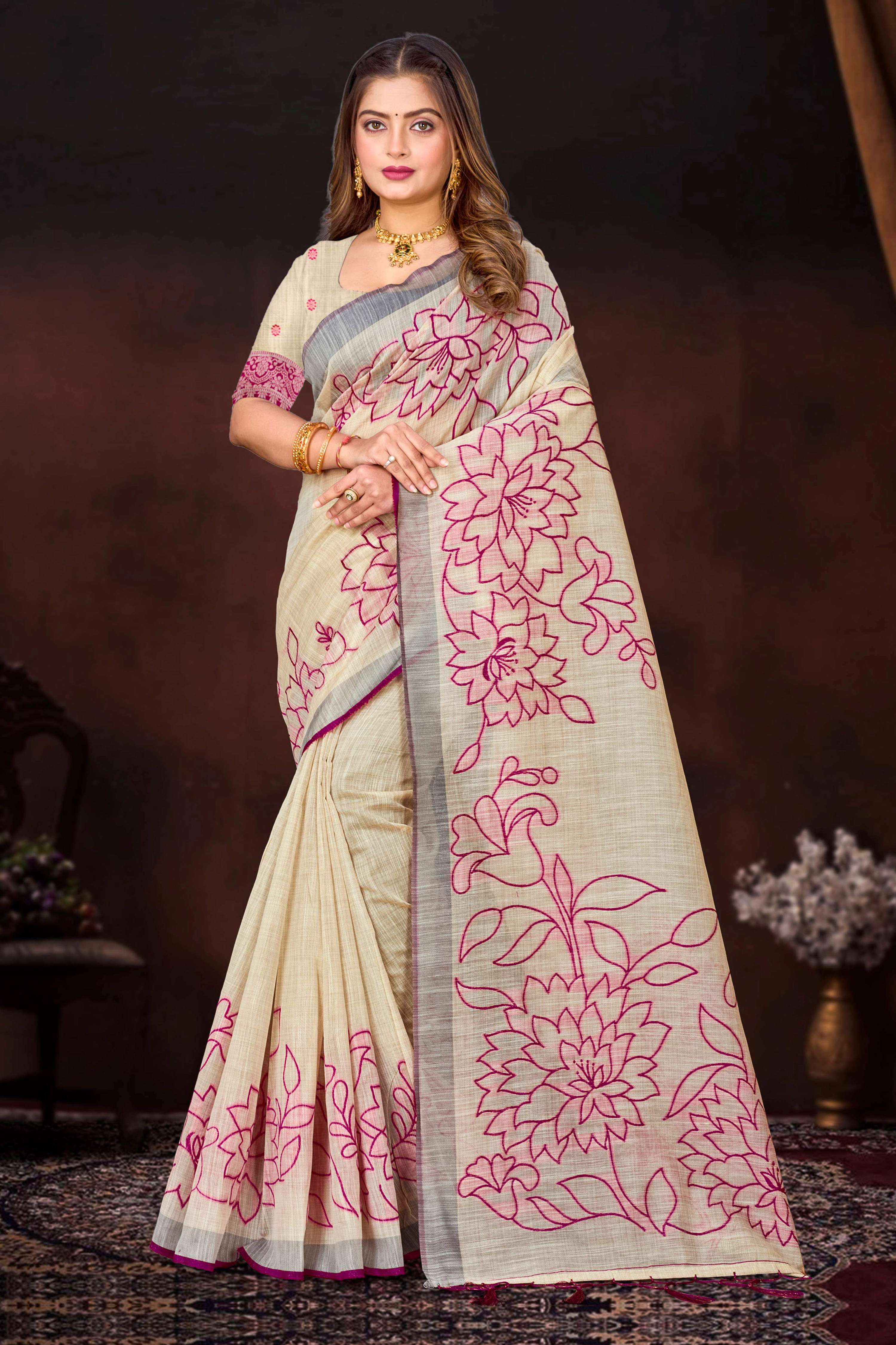 Sangam Prints Pink Cotton Blend Woven Work Traditional Saree - Dista