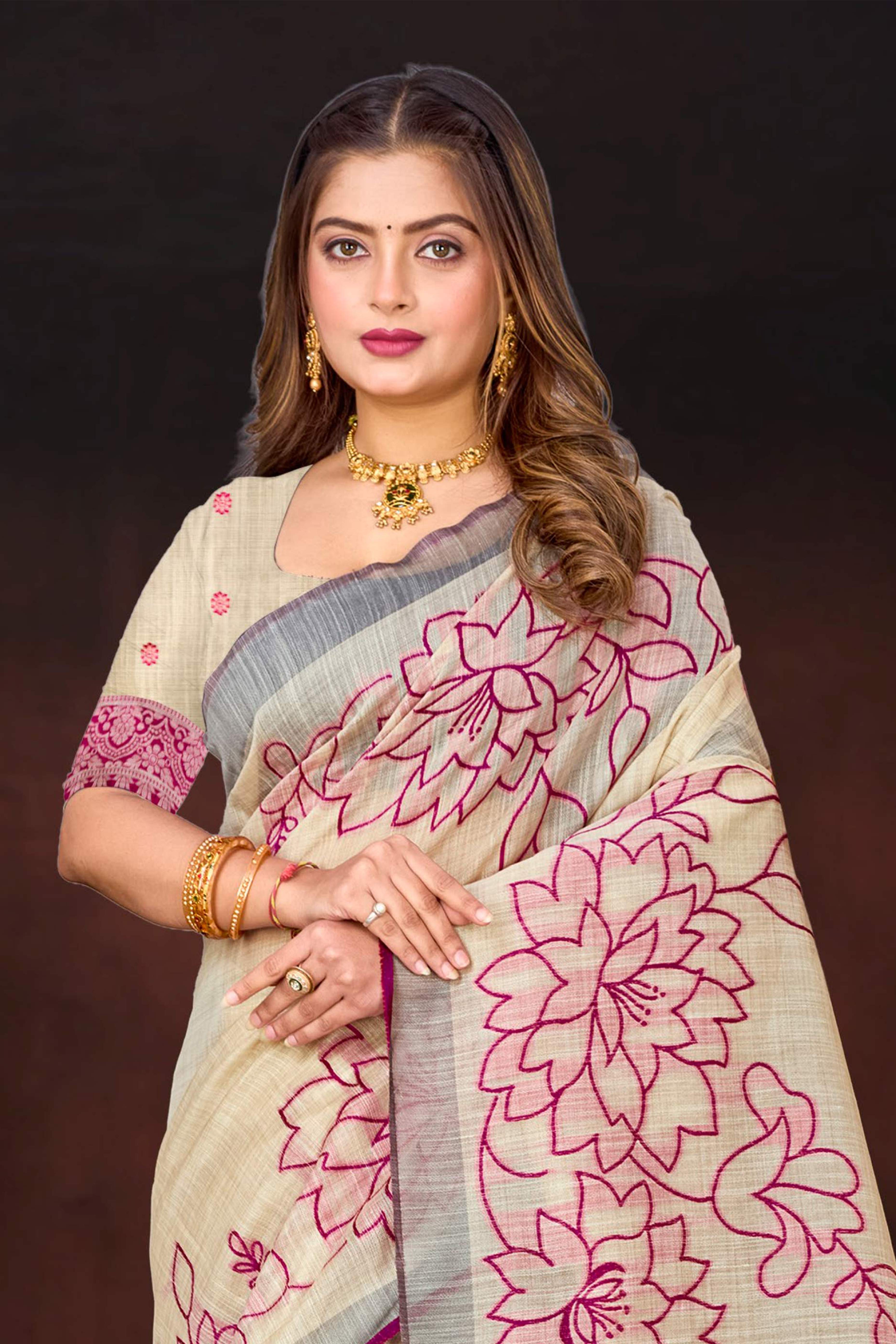 Sangam Prints Pink Cotton Blend Woven Work Traditional Saree - Dista