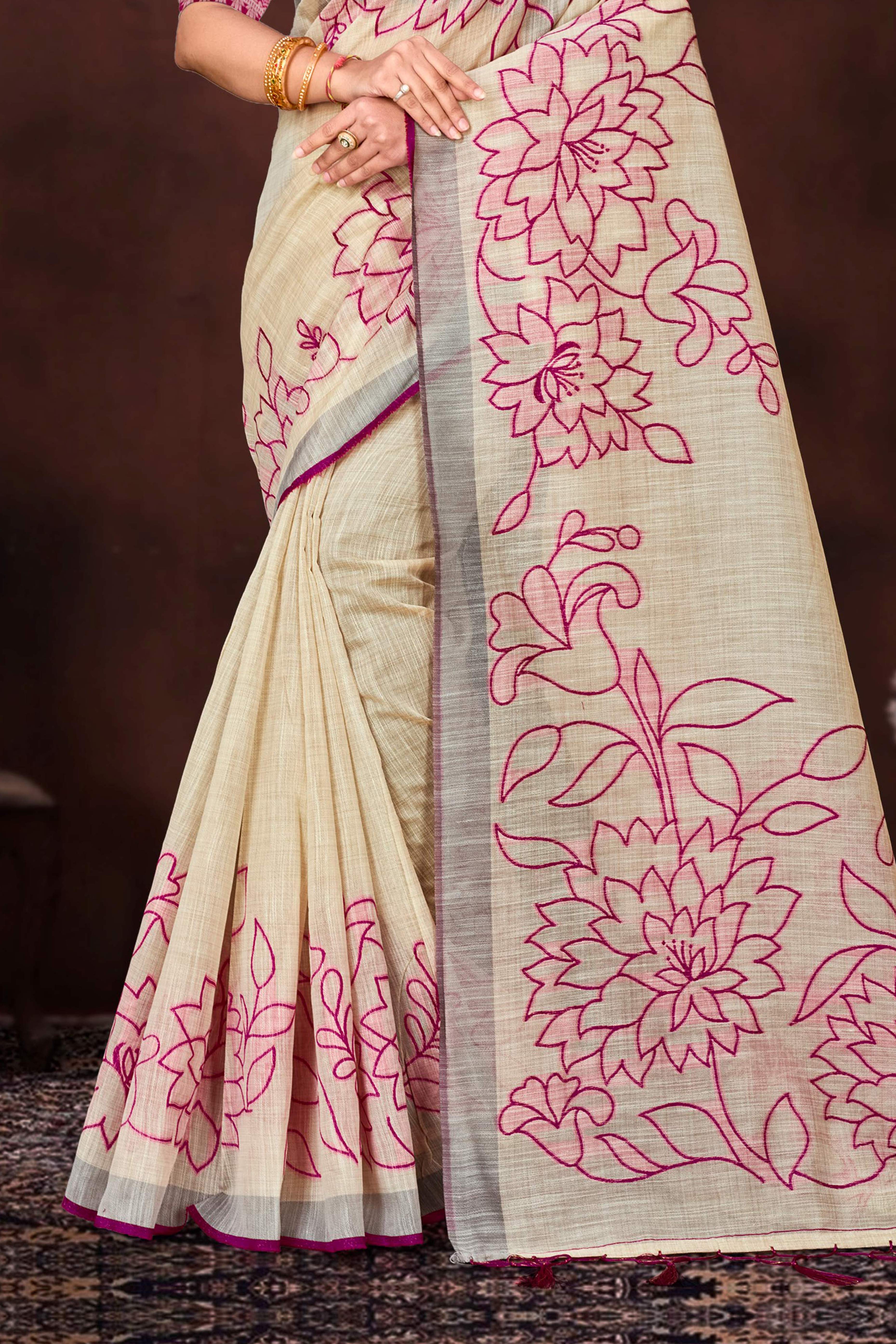 Sangam Prints Pink Cotton Blend Woven Work Traditional Saree - Dista