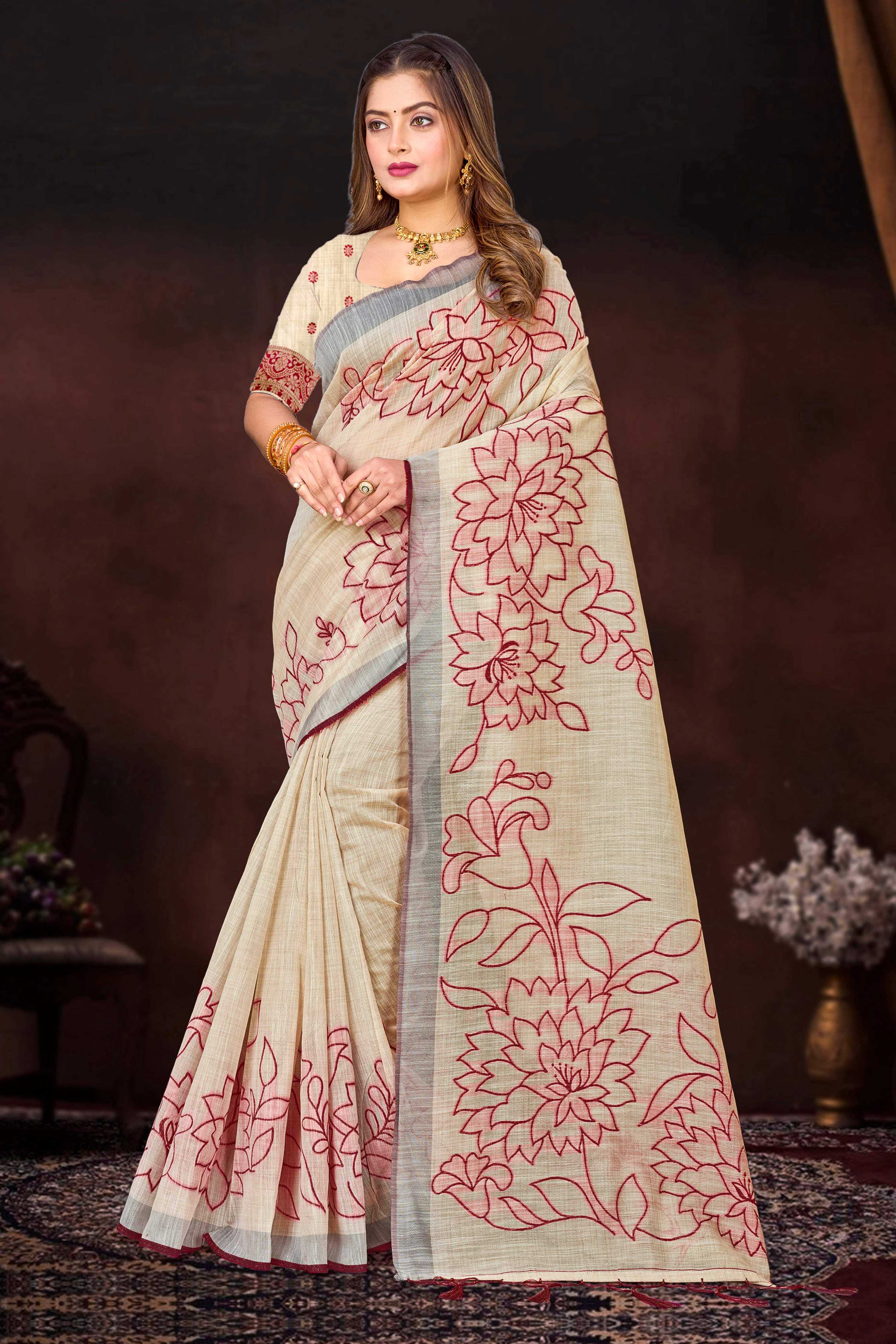 Sangam Prints Maroon Cotton Blend Woven Work Traditional Saree - Dista