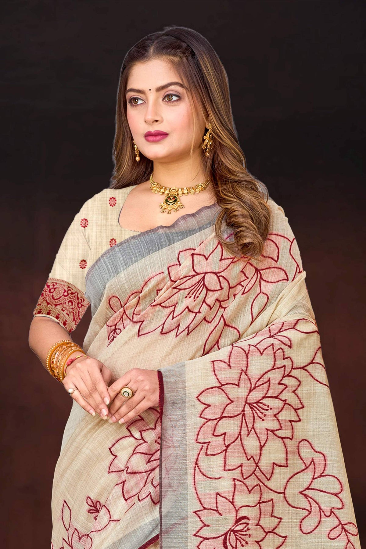 Sangam Prints Maroon Cotton Blend Woven Work Traditional Saree - Dista
