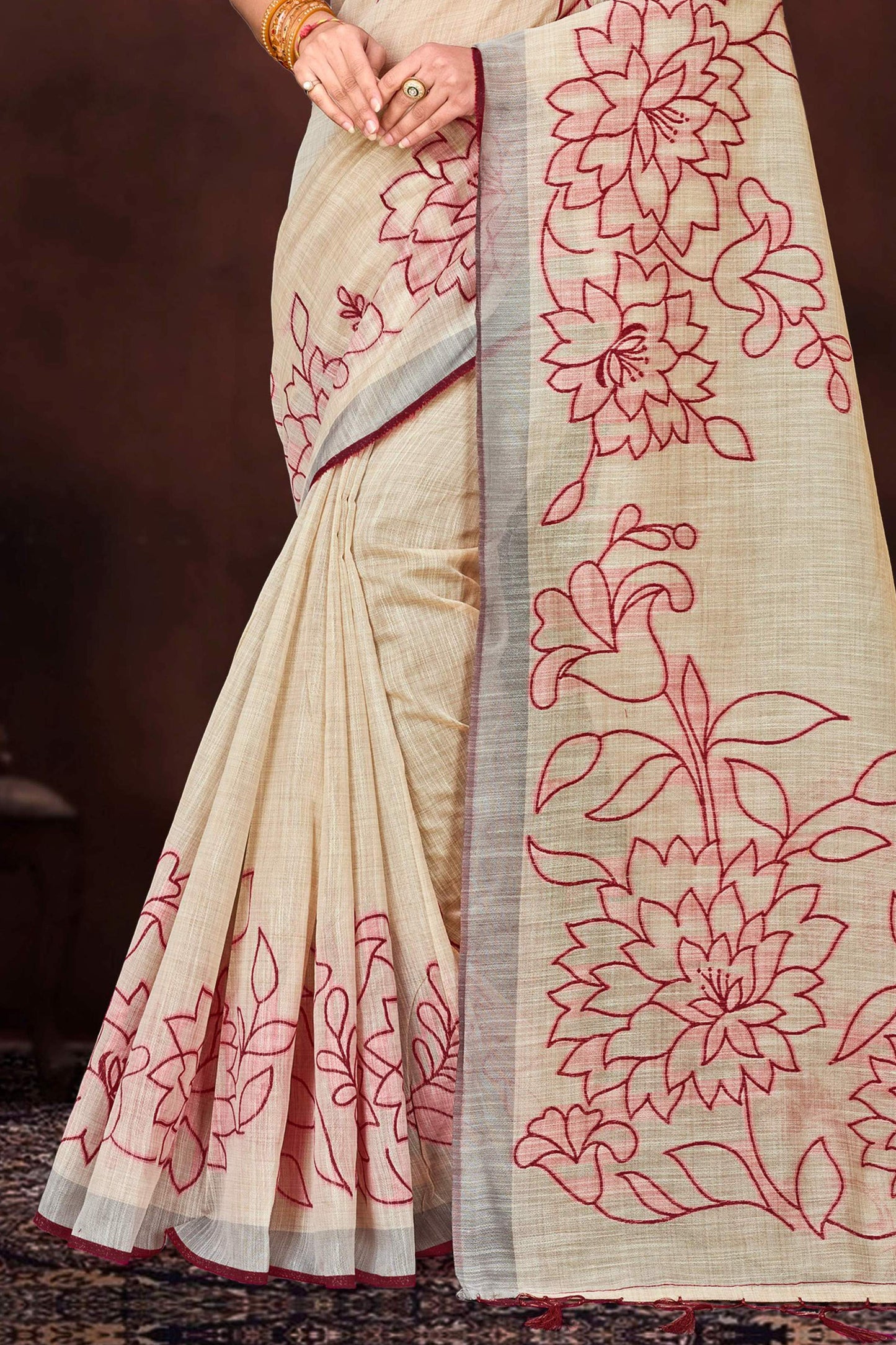 Sangam Prints Maroon Cotton Blend Woven Work Traditional Saree - Dista