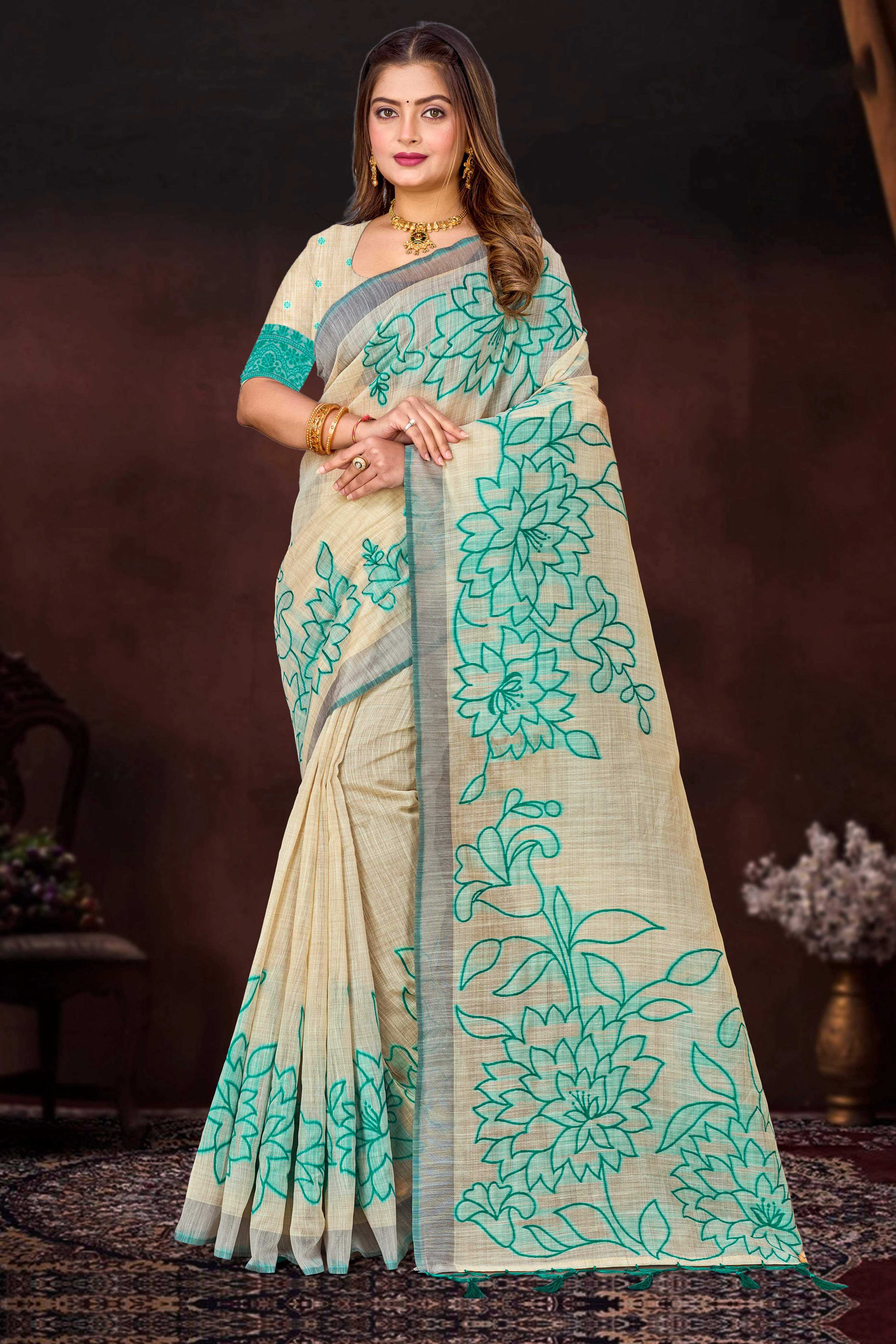 Sangam Prints Aqua Green Cotton Blend Woven Work Traditional Saree - Dista