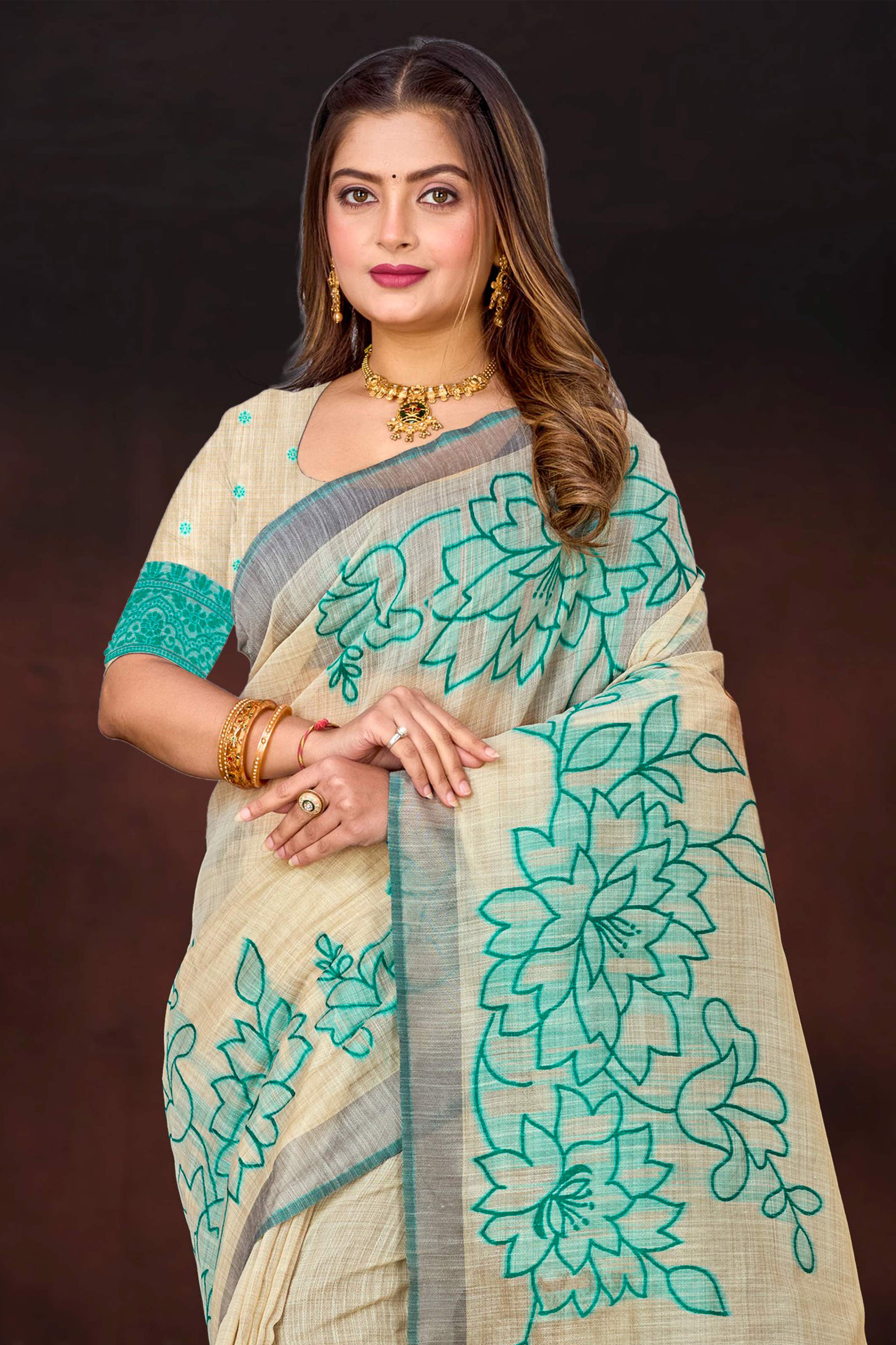 Sangam Prints Aqua Green Cotton Blend Woven Work Traditional Saree - Dista