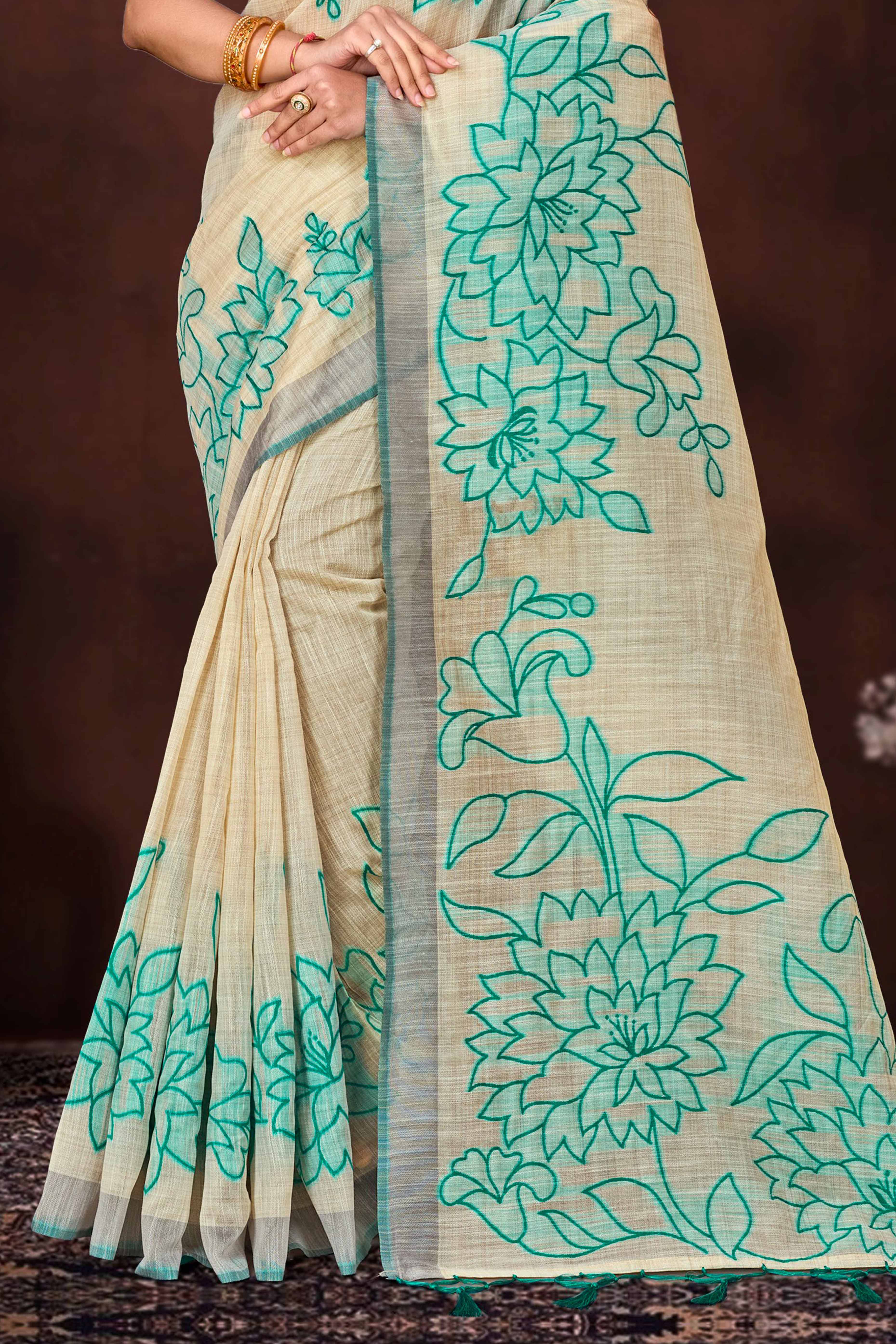 Sangam Prints Aqua Green Cotton Blend Woven Work Traditional Saree - Dista