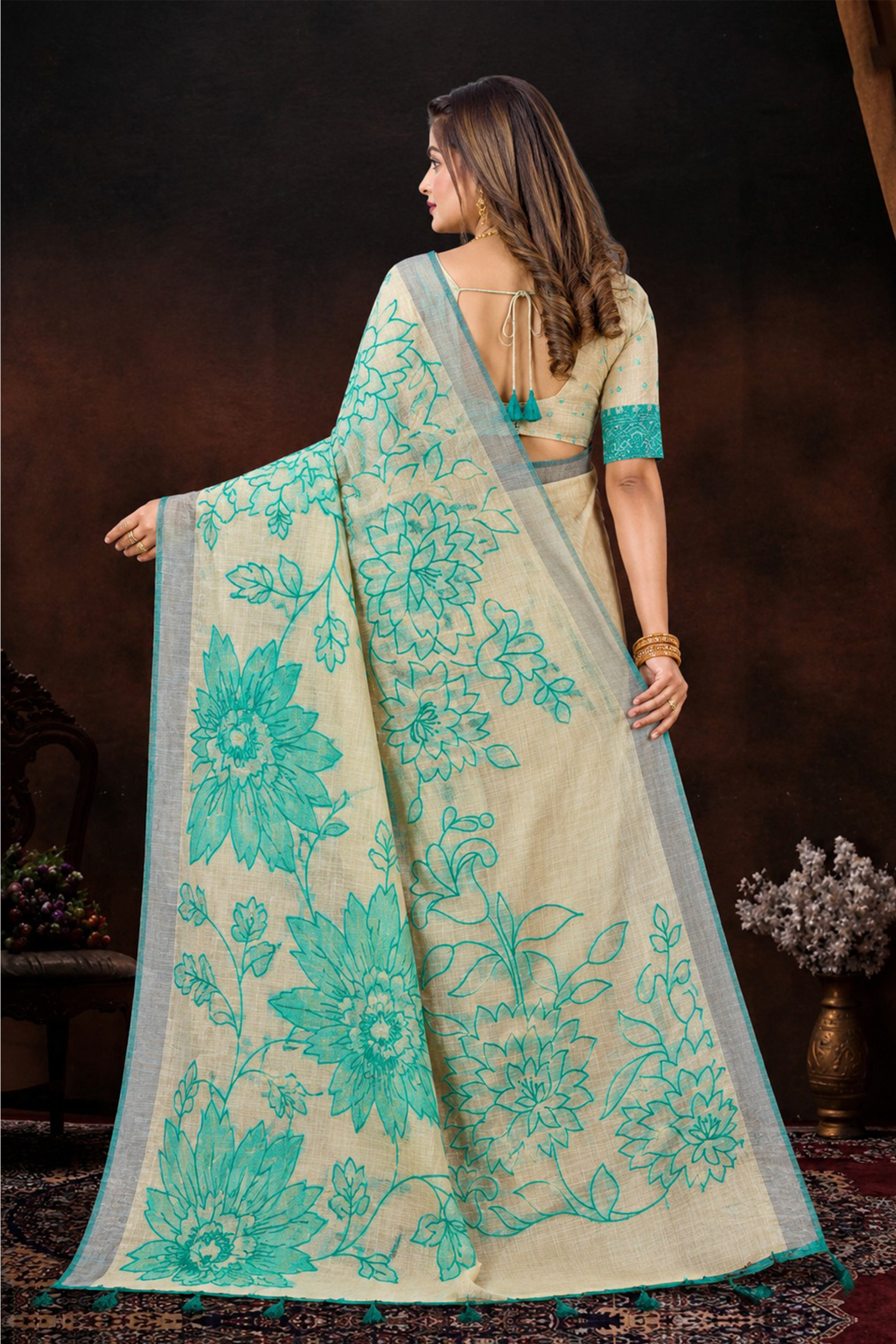 Sangam Prints Aqua Green Cotton Blend Woven Work Traditional Saree - Dista