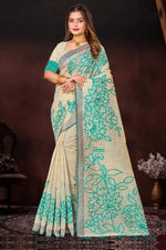 Thumbnail for Sangam Prints Aqua Green Cotton Blend Woven Work Traditional Saree - Dista
