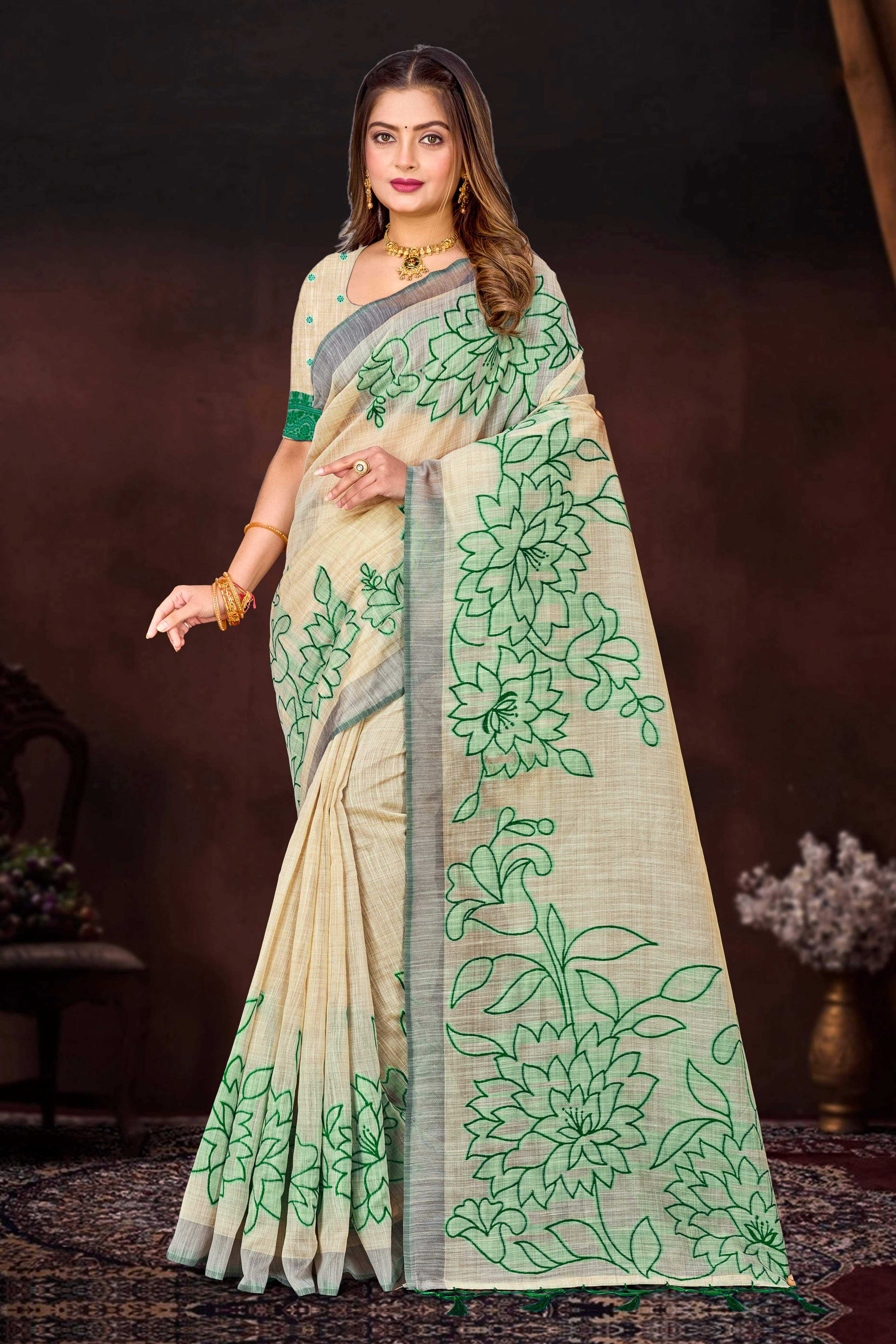 Sangam Prints Green Cotton Blend Woven Work Traditional Saree - Dista