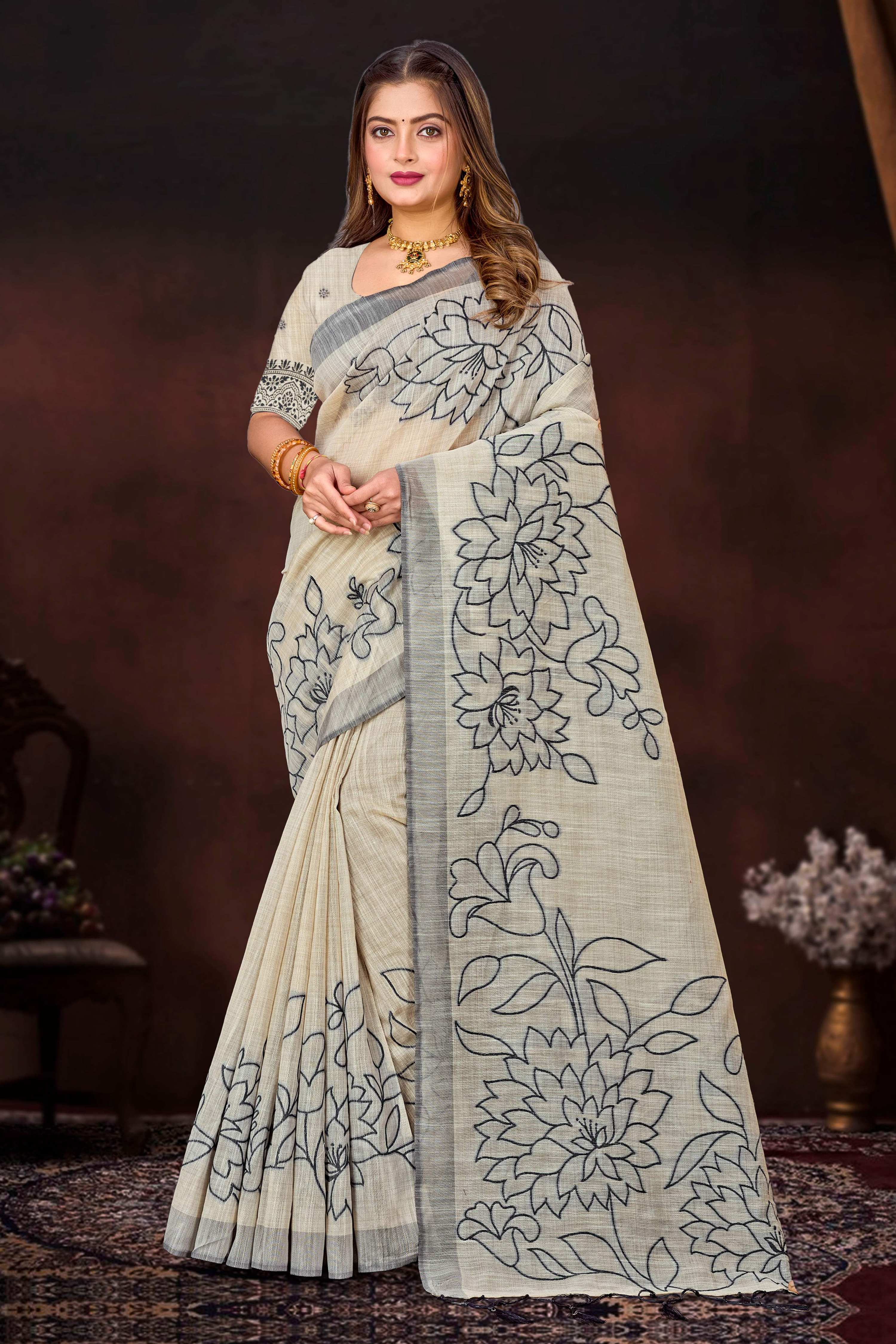 Sangam Prints Grey Cotton Blend Woven Work Traditional Saree - Dista