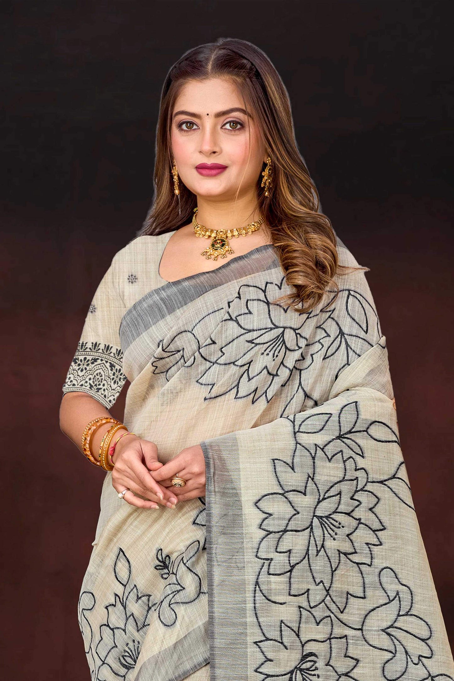 Sangam Prints Grey Cotton Blend Woven Work Traditional Saree - Dista