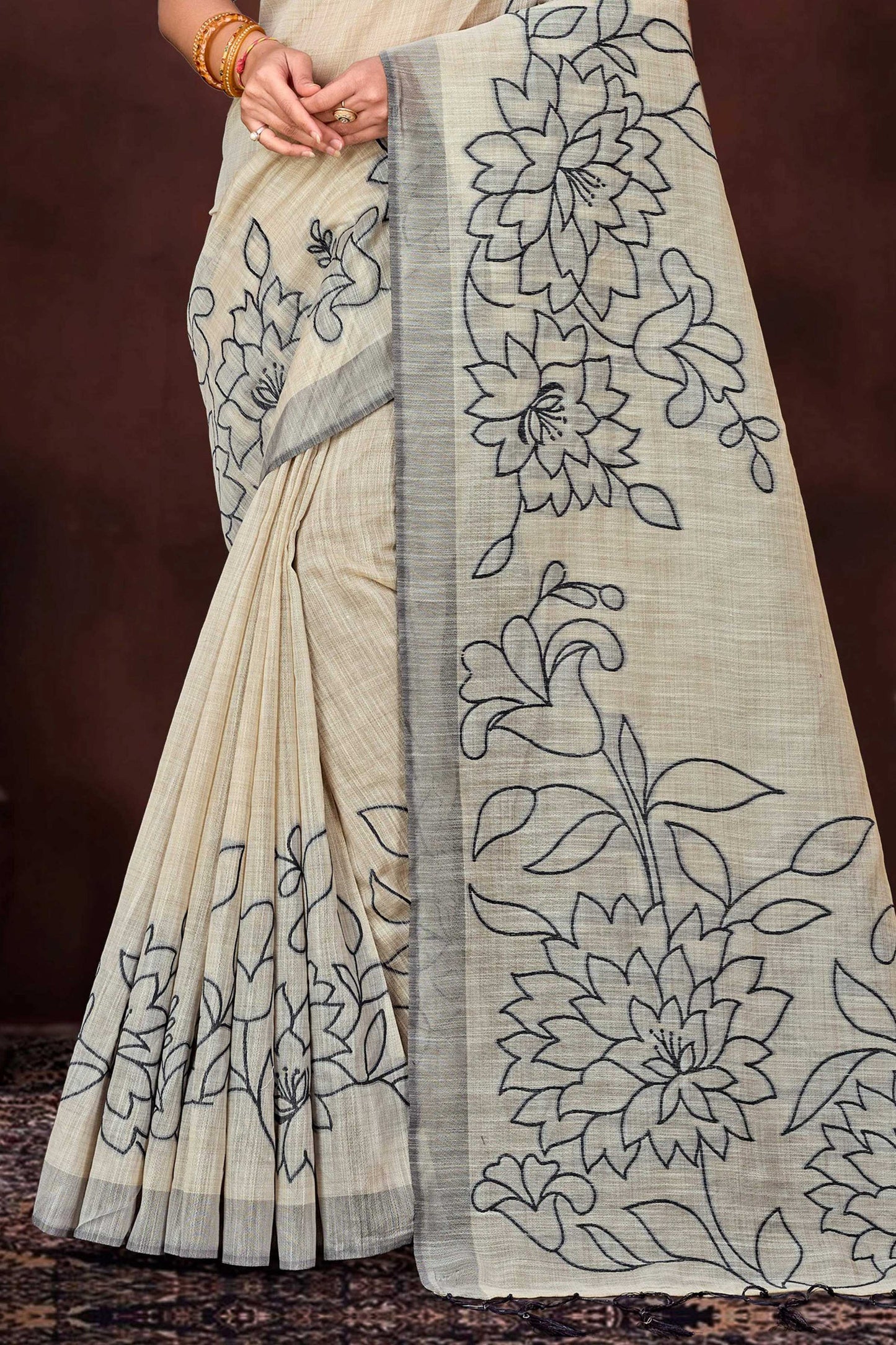 Sangam Prints Grey Cotton Blend Woven Work Traditional Saree - Dista