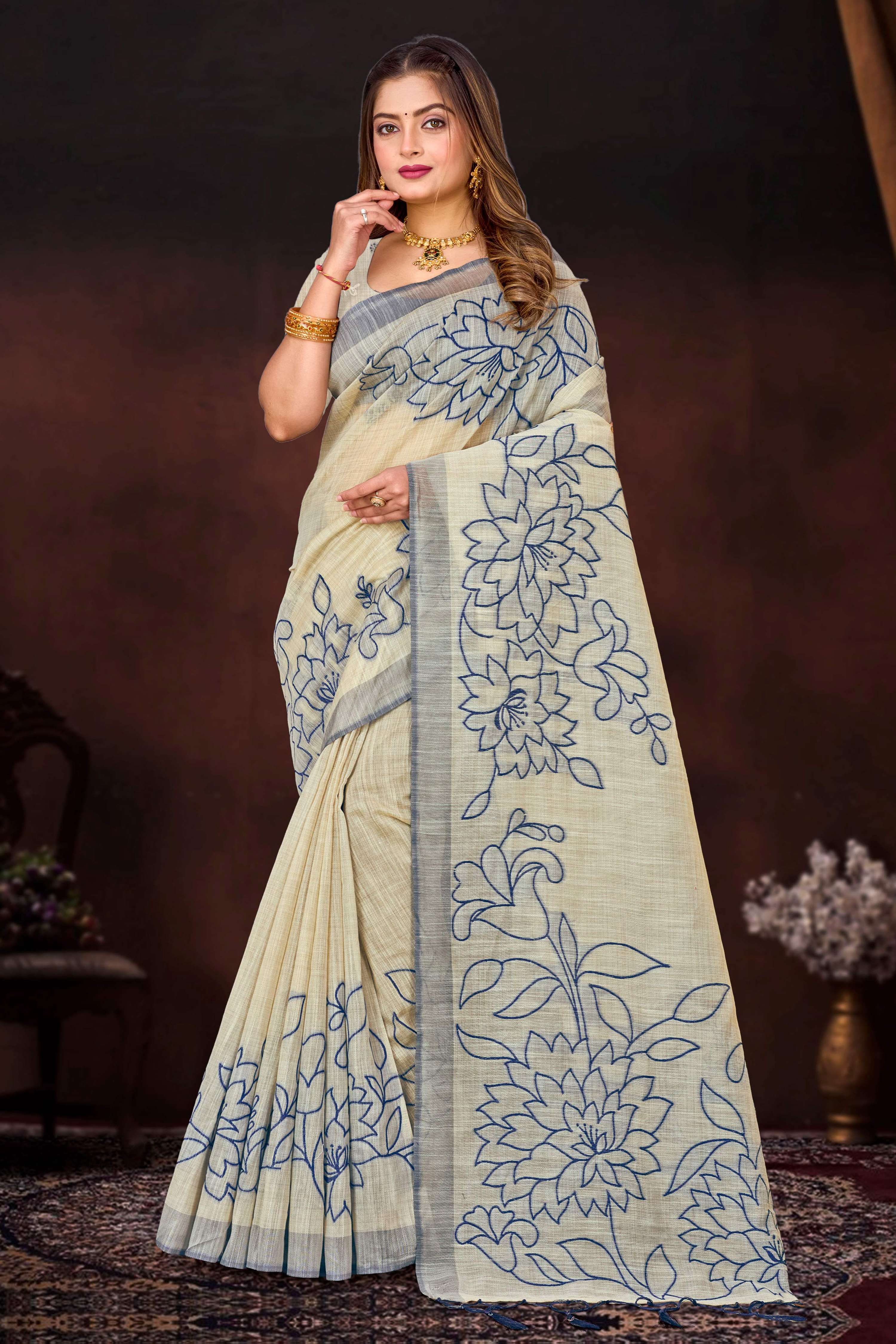 Sangam Prints Navy Blue Cotton Blend Woven Work Traditional Saree - Dista