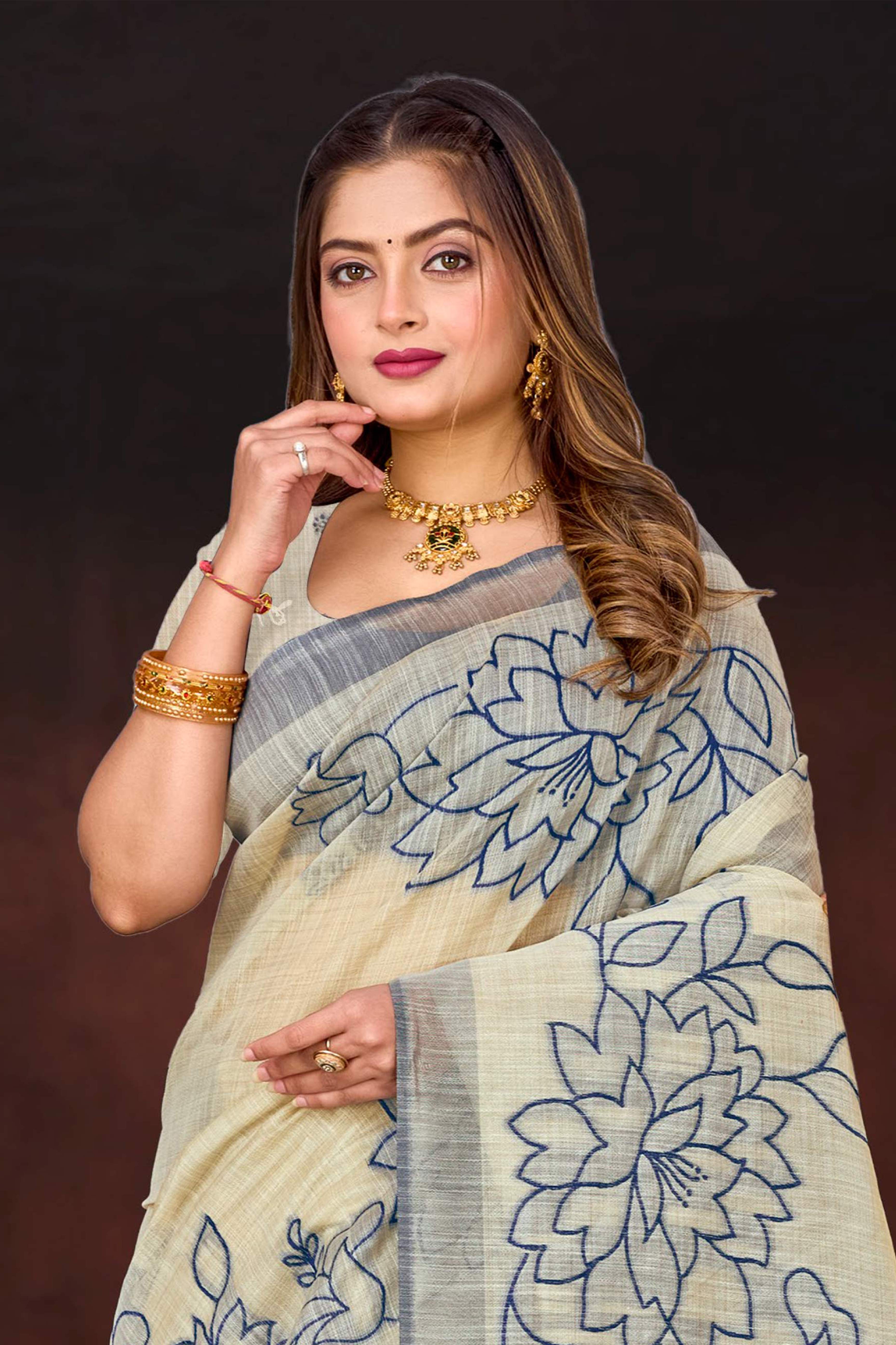 Sangam Prints Navy Blue Cotton Blend Woven Work Traditional Saree - Dista